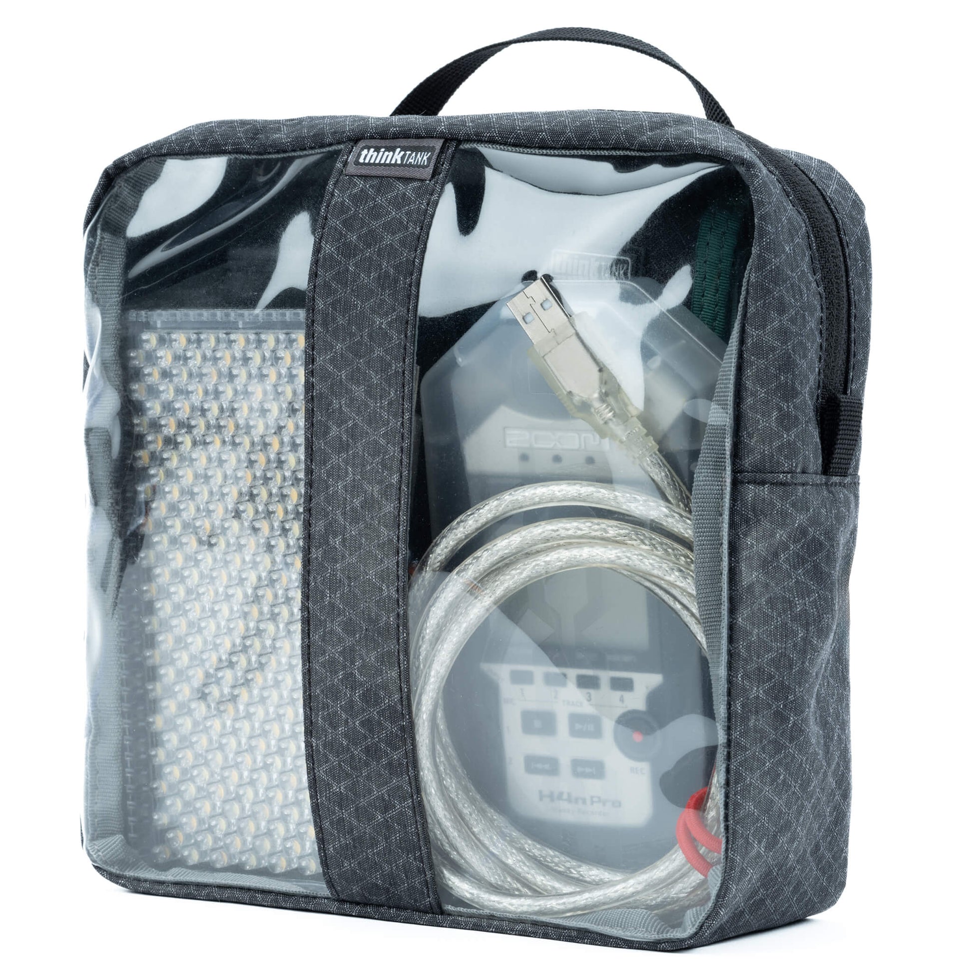 Think Tank Cable Management clear pouch for organising cables with easy visibility.
