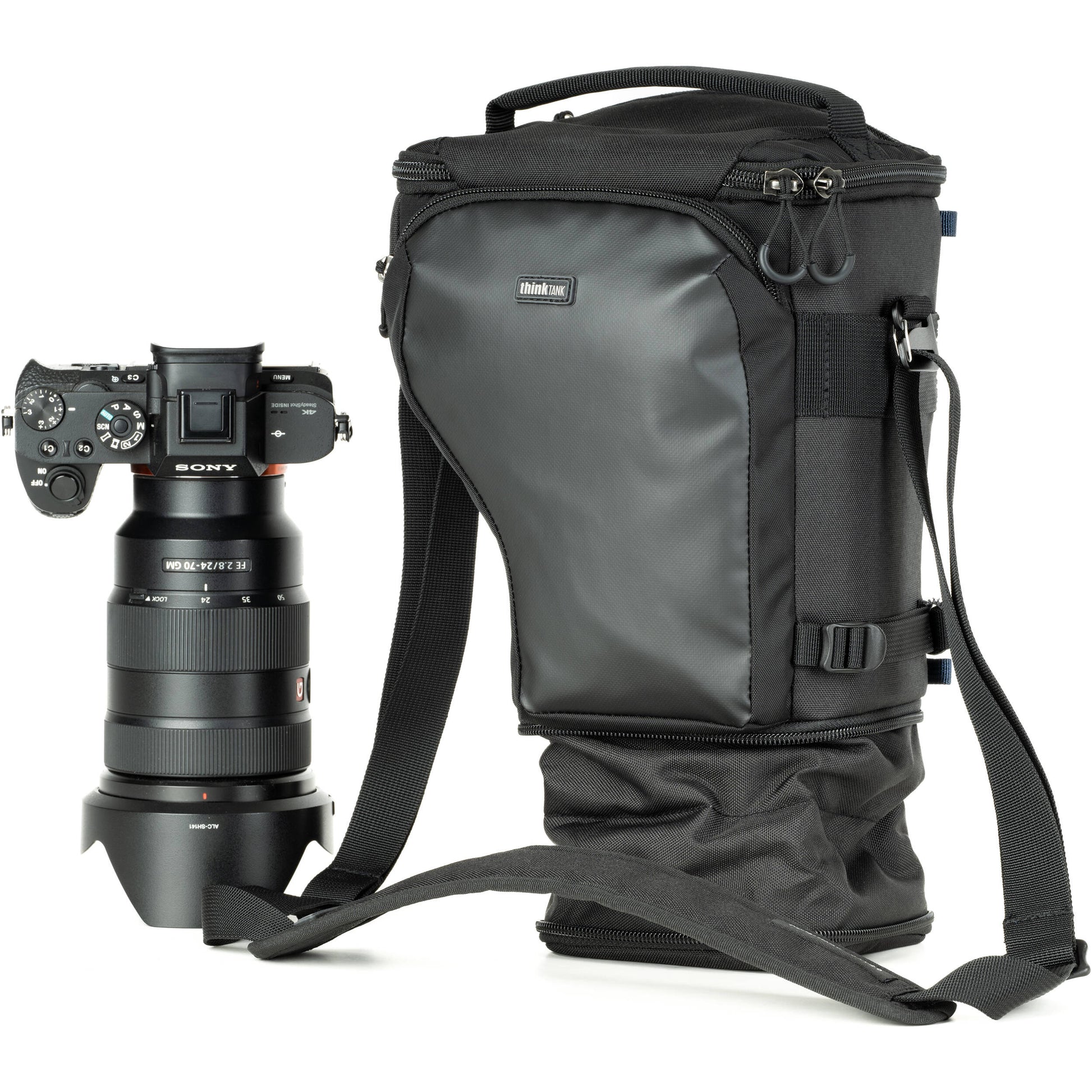 Think Tank Digital Holster 20 V3 for mirrorless cameras, quick-access, water-resistant, with shoulder strap.