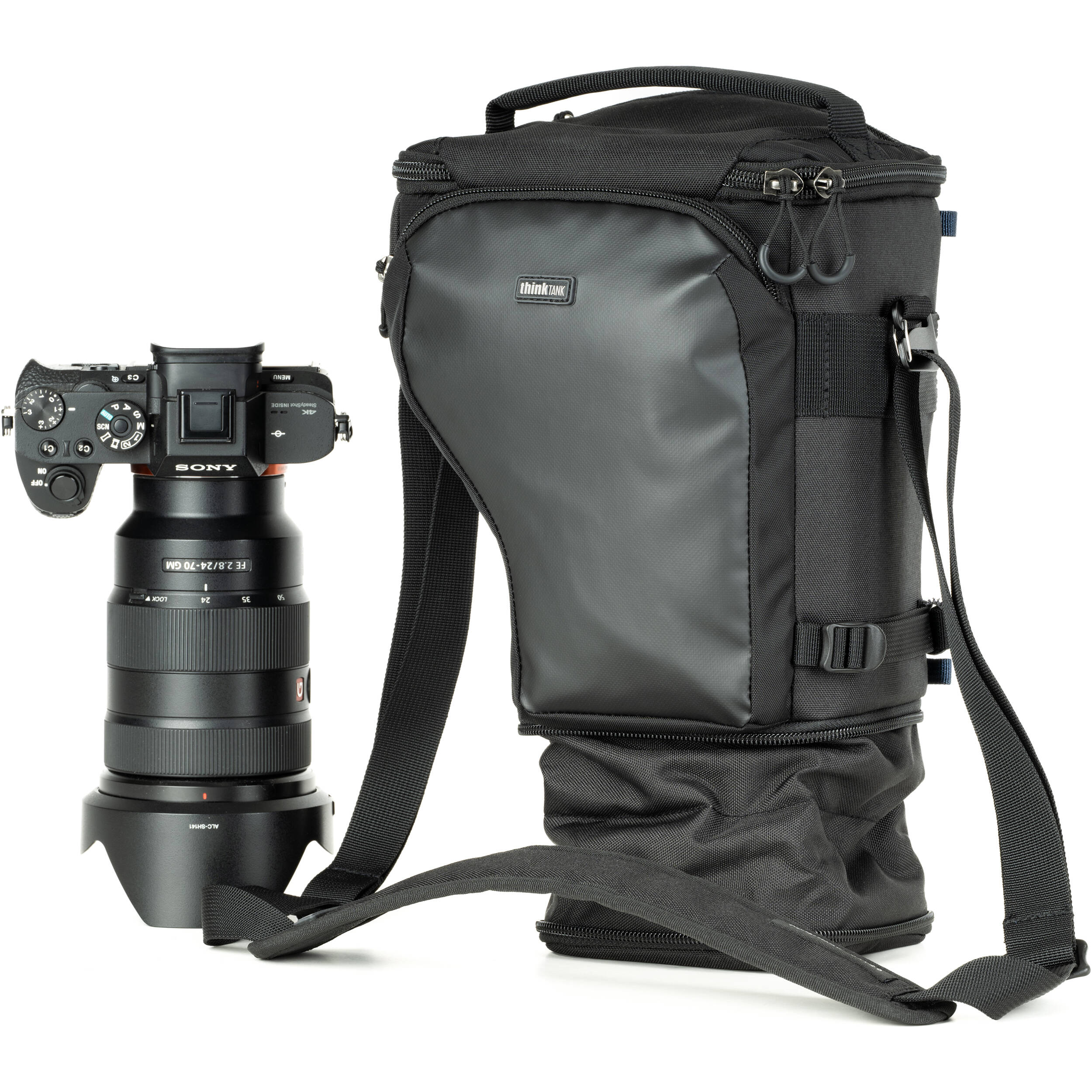 Think Tank Digital Holster 20 V3 for mirrorless cameras, quick-access, water-resistant, with shoulder strap.