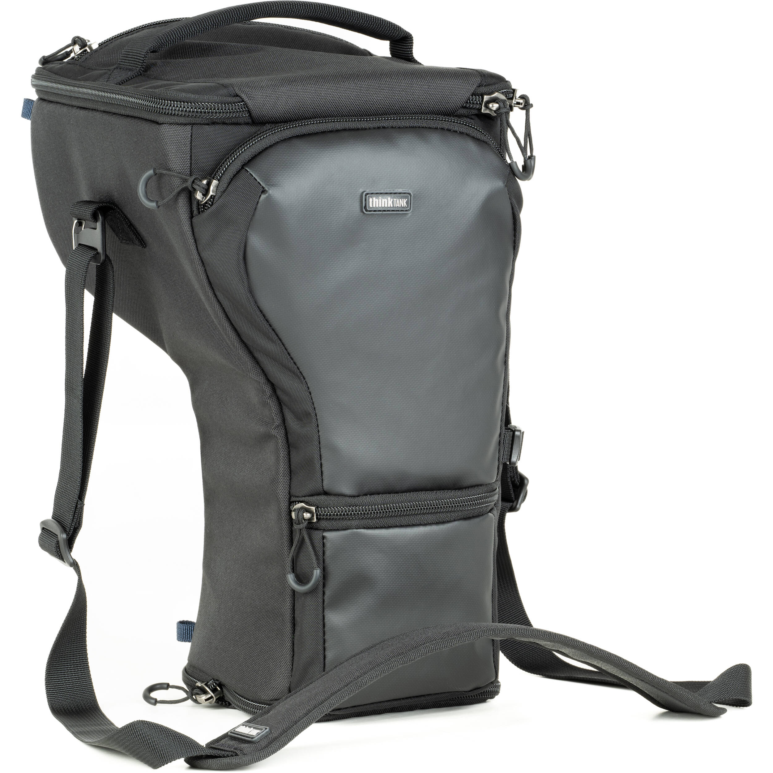 Think Tank Digital Holster 50 V3 bag for DSLR with 70-200mm lens, quick-access lid, belt attachment, and water-resistant design.