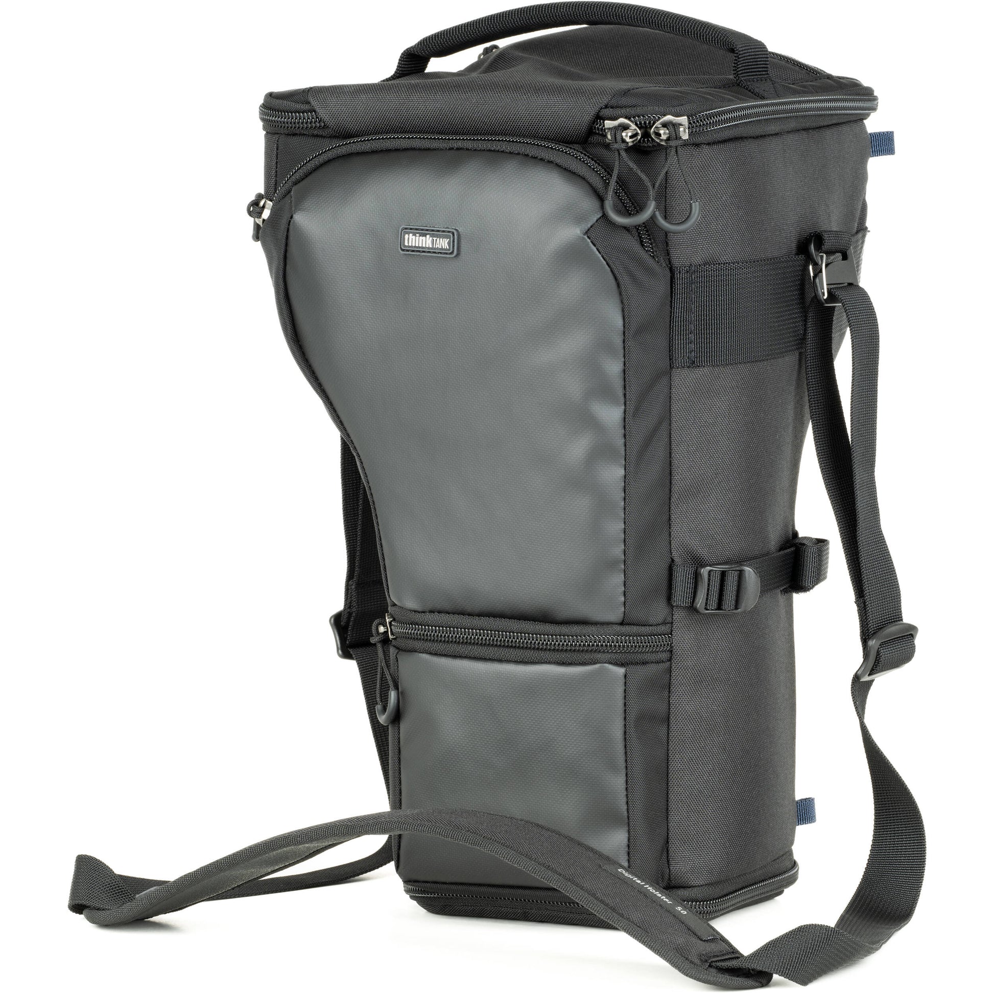 Think Tank Digital Holster 50 V3 bag for DSLR with 70-200mm lens, quick-access lid, belt attachment, and water-resistant design.