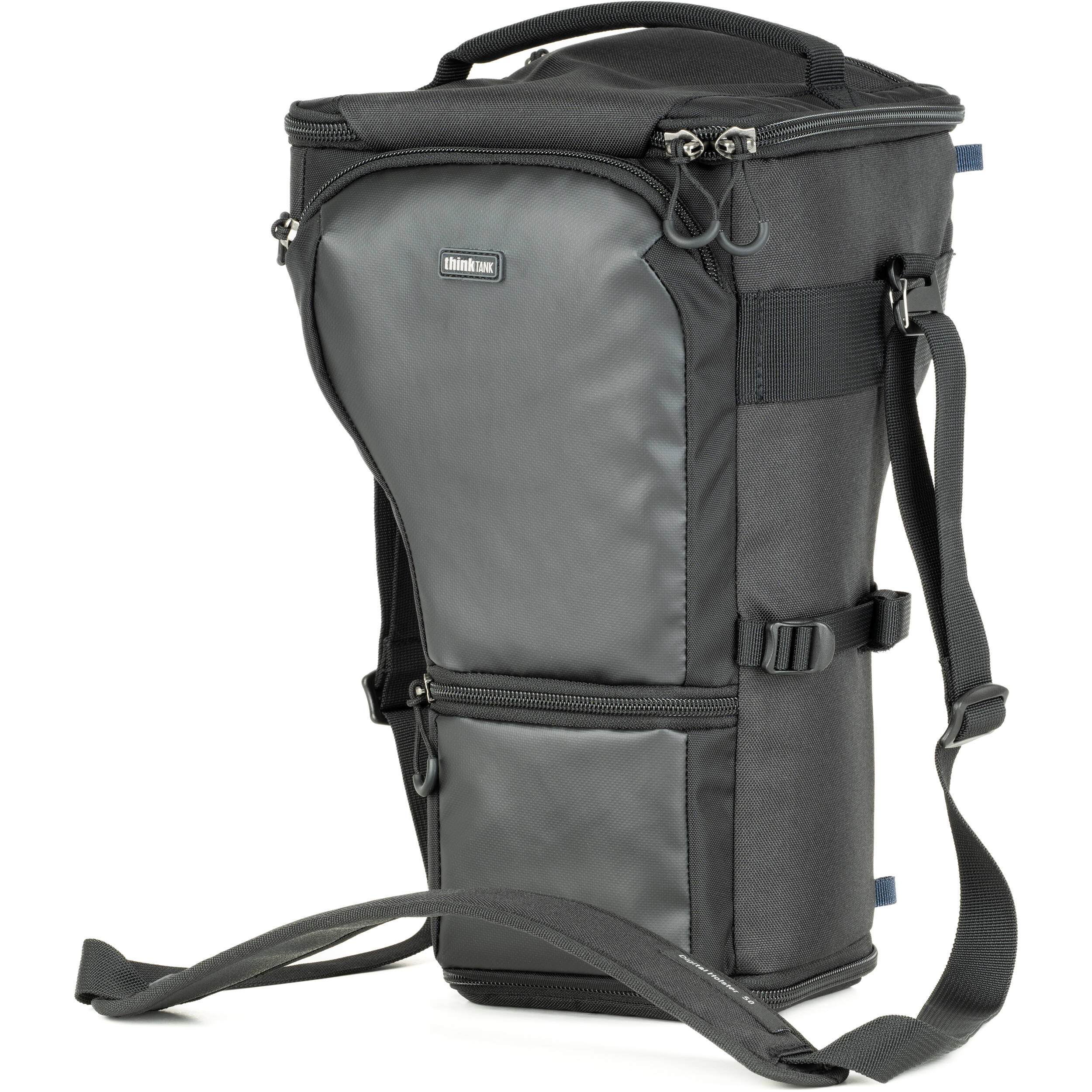 Think Tank Digital Holster 50 V3 bag for DSLR with 70-200mm lens, quick-access lid, belt attachment, and water-resistant design.