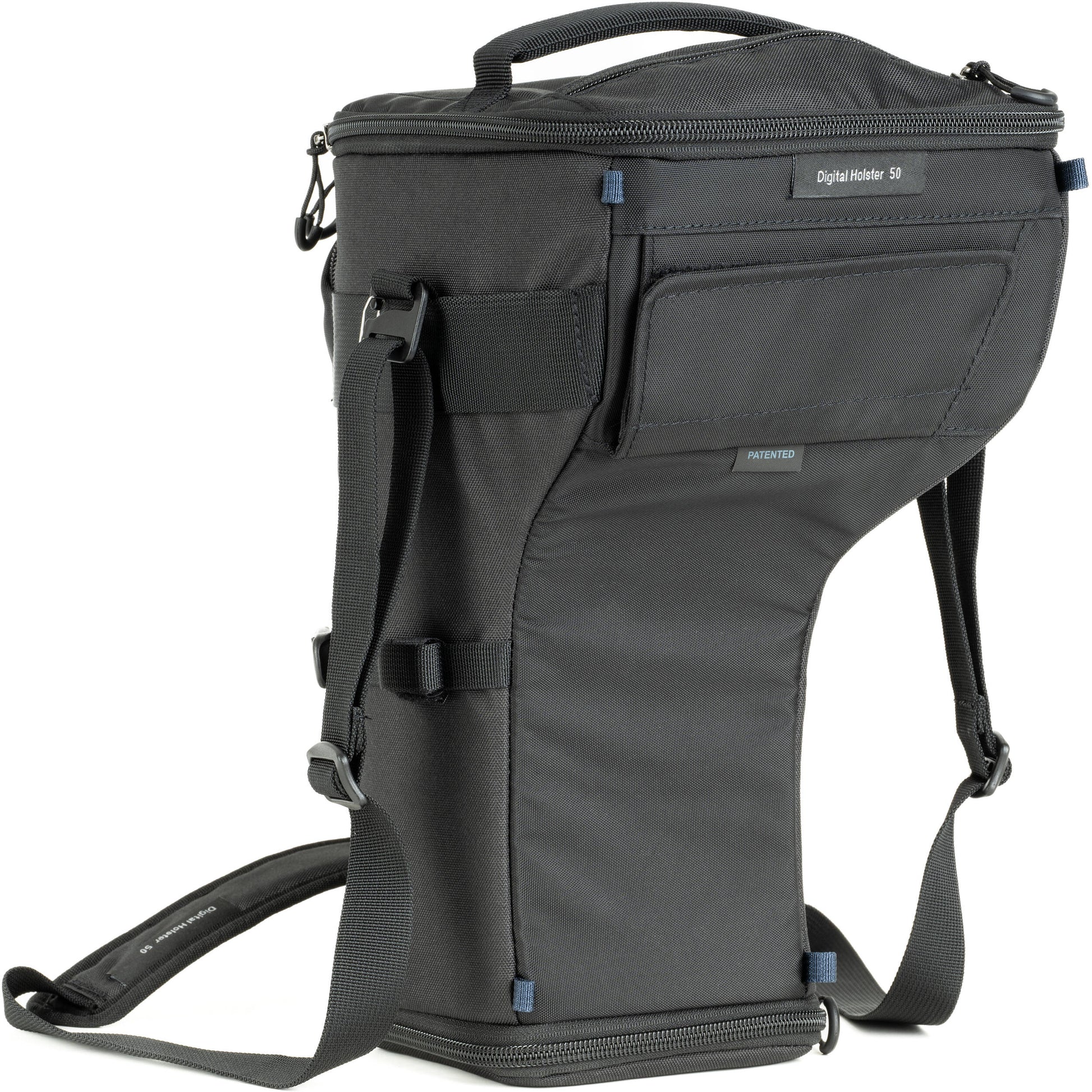 Think Tank Digital Holster 50 V3 bag for DSLR with 70-200mm lens, quick-access lid, belt attachment, and water-resistant design.