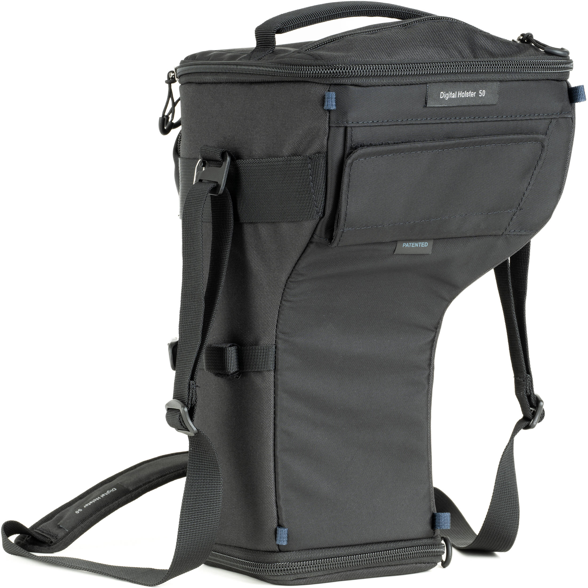 Think Tank Digital Holster 50 V3 bag for DSLR with 70-200mm lens, quick-access lid, belt attachment, and water-resistant design.