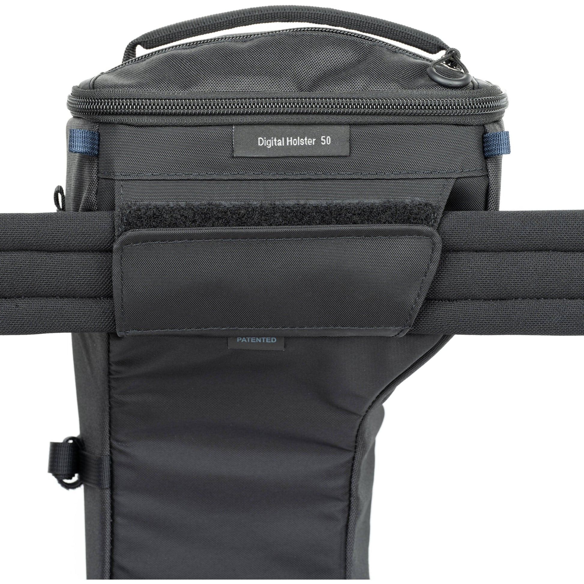 Think Tank Digital Holster 50 V3 bag for DSLR with 70-200mm lens, quick-access lid, belt attachment, and water-resistant design.

