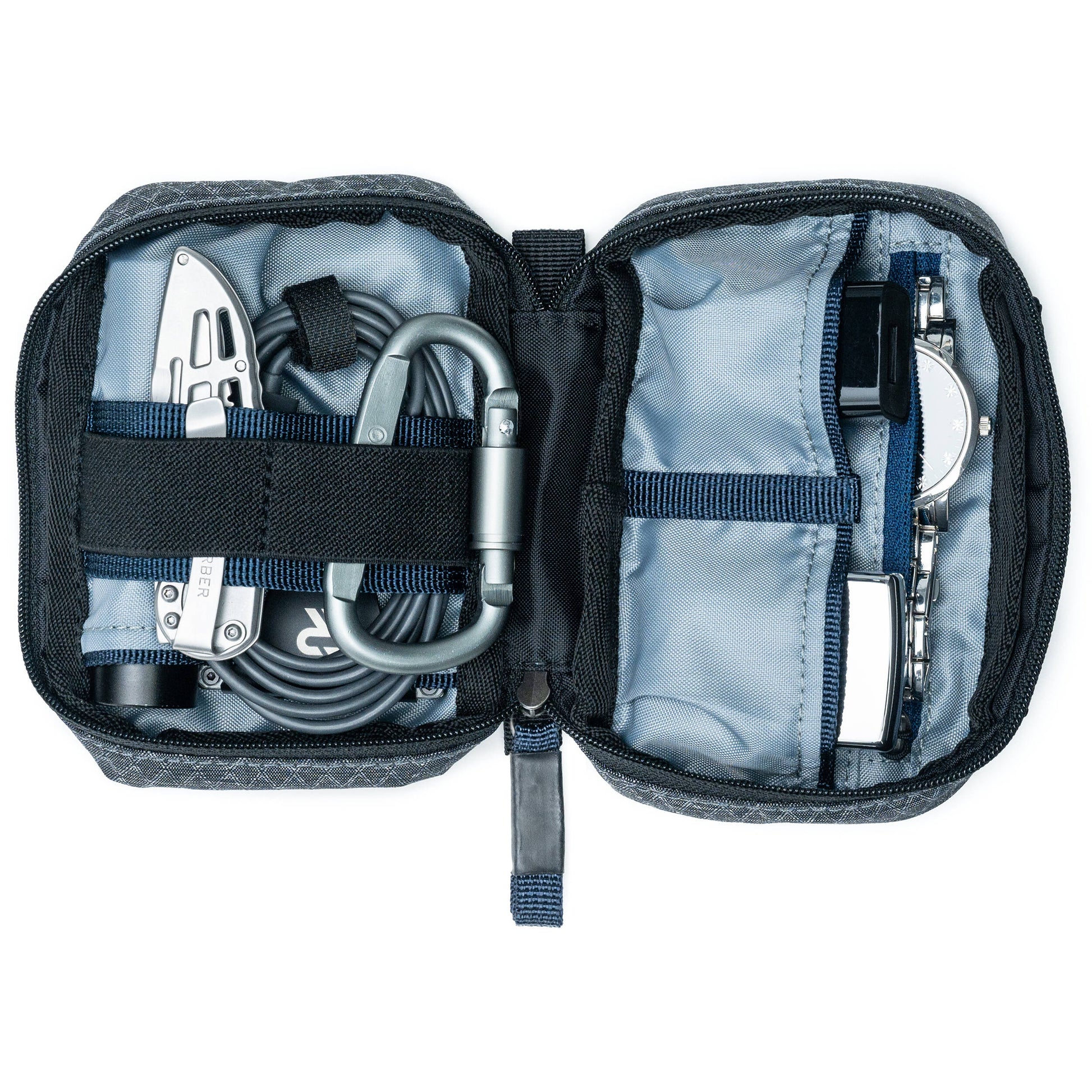 Think Tank EDC Pouch with pockets, zippered compartment, water-repellent coating, and open-flat design for easy access.