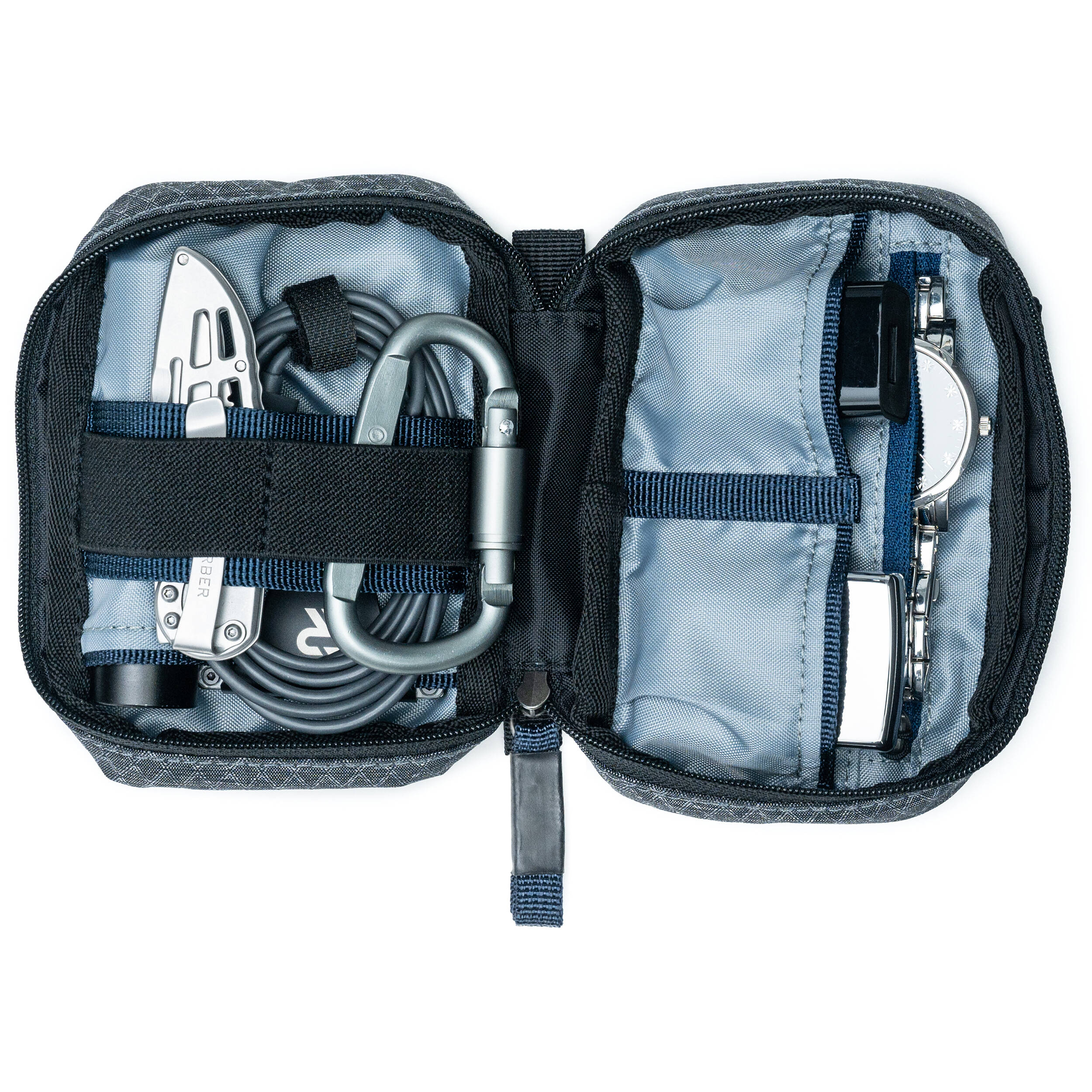 Think Tank EDC Pouch with pockets, zippered compartment, water-repellent coating, and open-flat design for easy access.