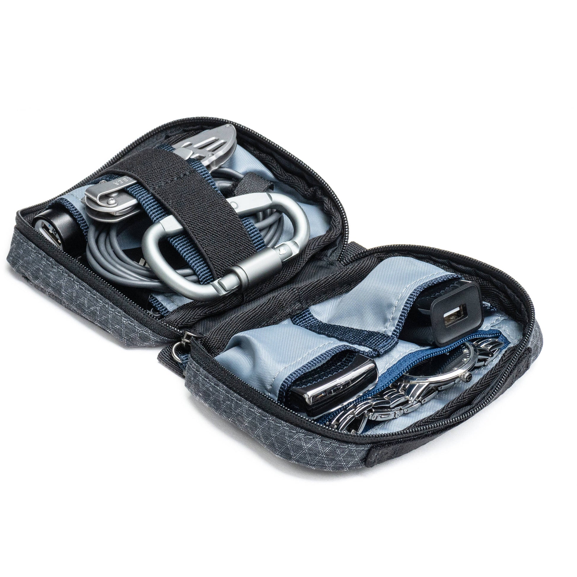 Think Tank EDC Pouch with pockets, zippered compartment, water-repellent coating, and open-flat design for easy access.