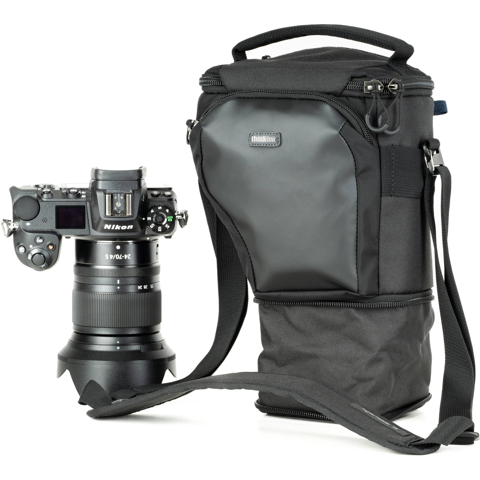 Think Tank mirrorless camera holster with accessory pockets
