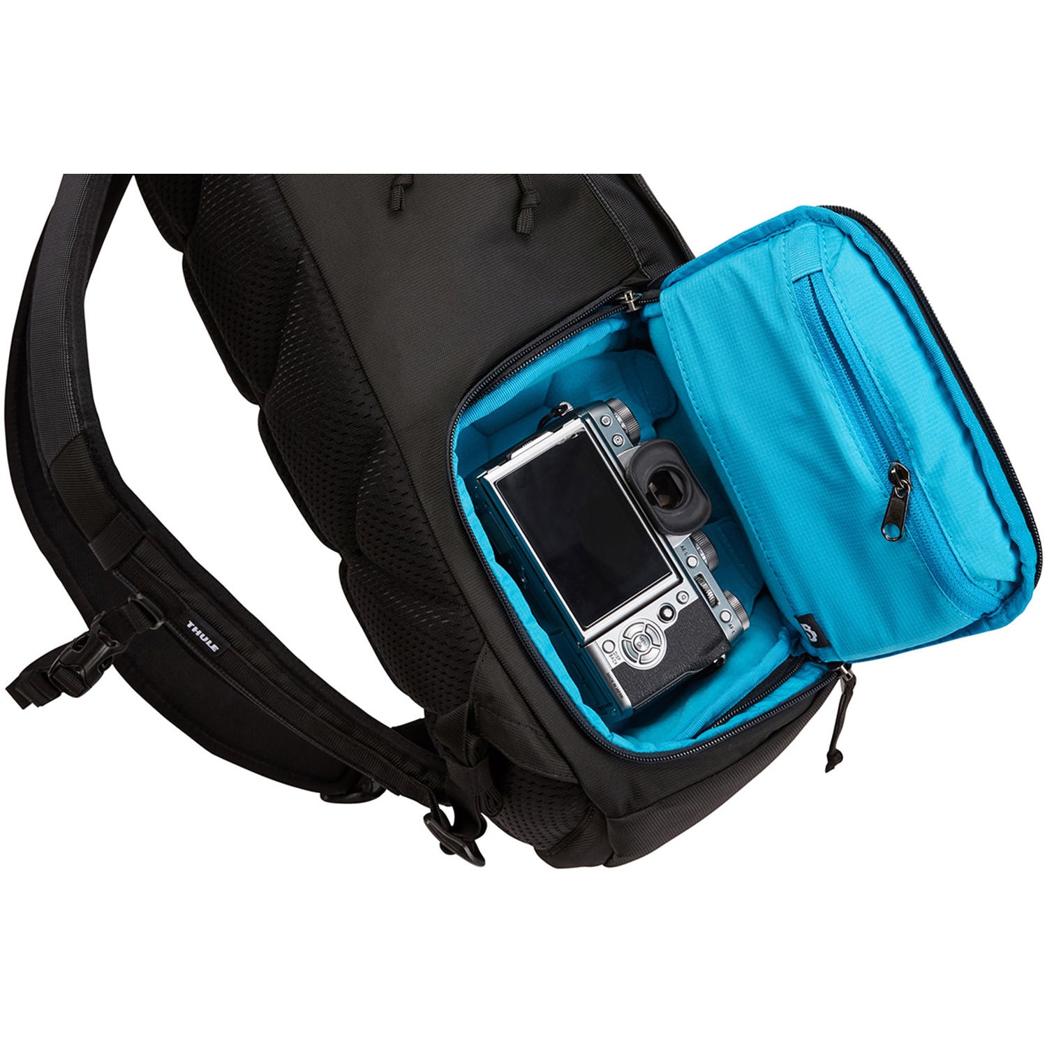 Thule camera backpack with padded compartments, adjustable dividers, and ergonomic straps