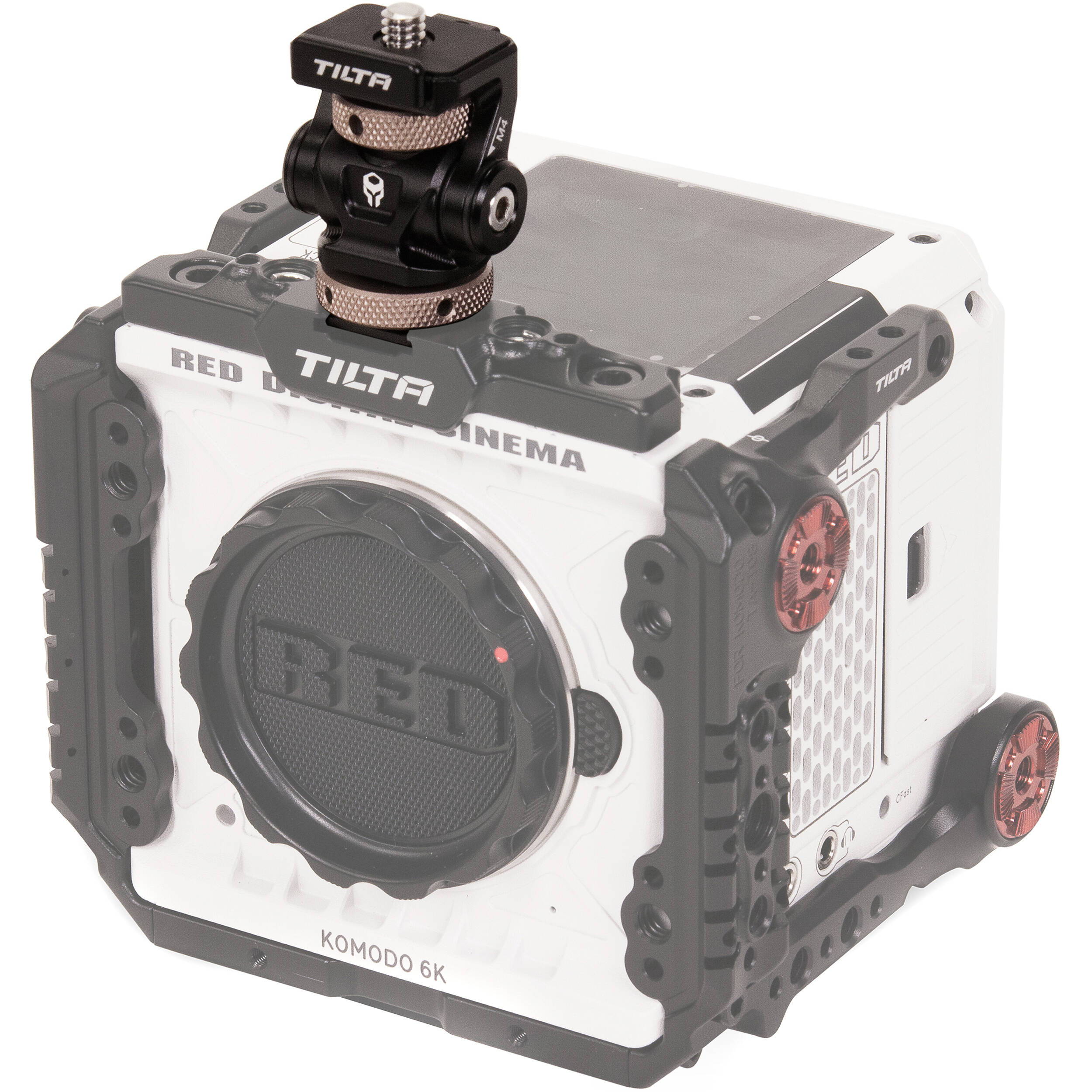 Tilta Adjustable Cold Shoe Bracket in black, made from aluminum and stainless steel, featuring a tension-based tilt adjustment and padded platform for secure mounting of accessories on camera cages or hot shoes.