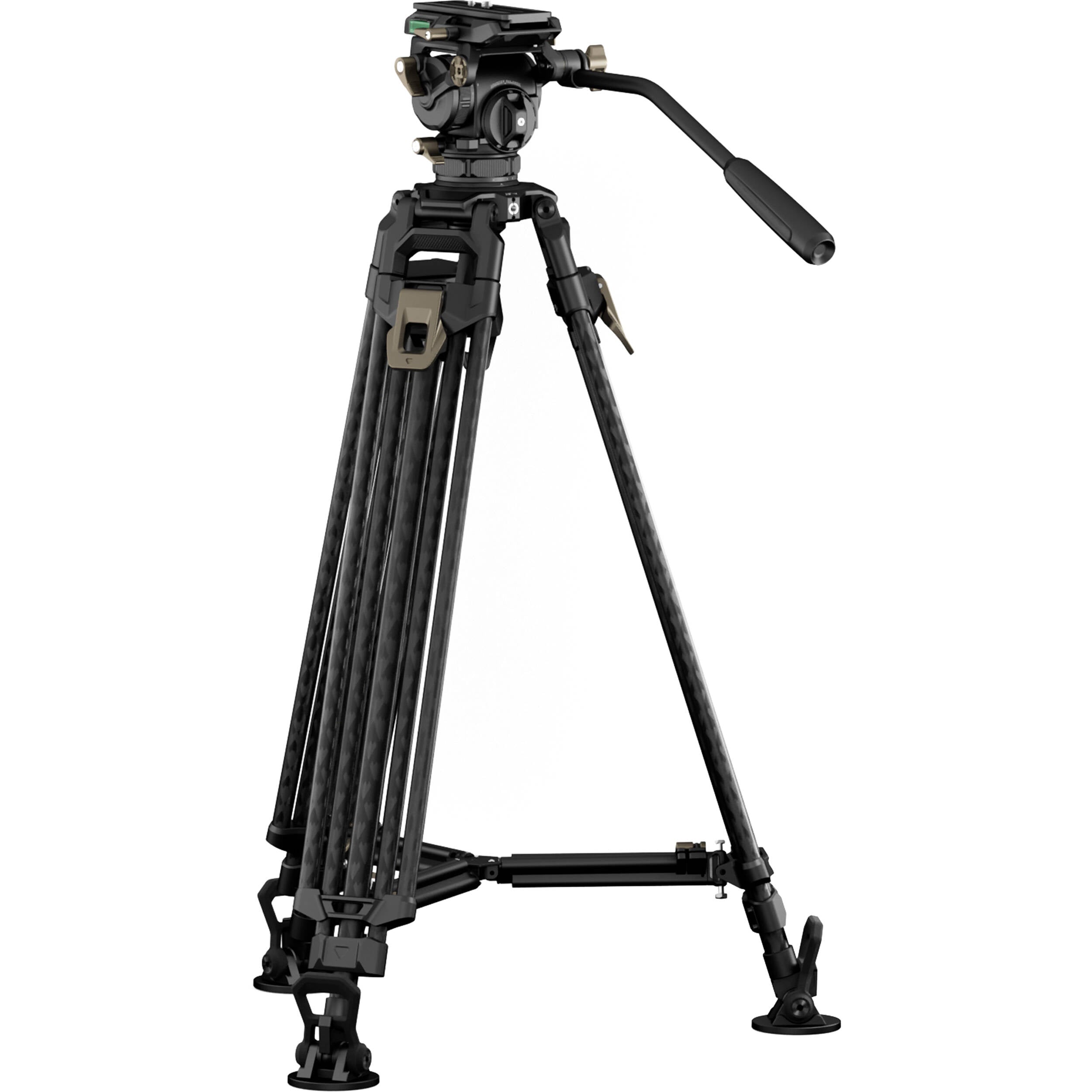 This tripod offers carbon fibre legs, 360° rotation, a cine fluid head for stability and aluminium alloy construction, ideal for professionals.