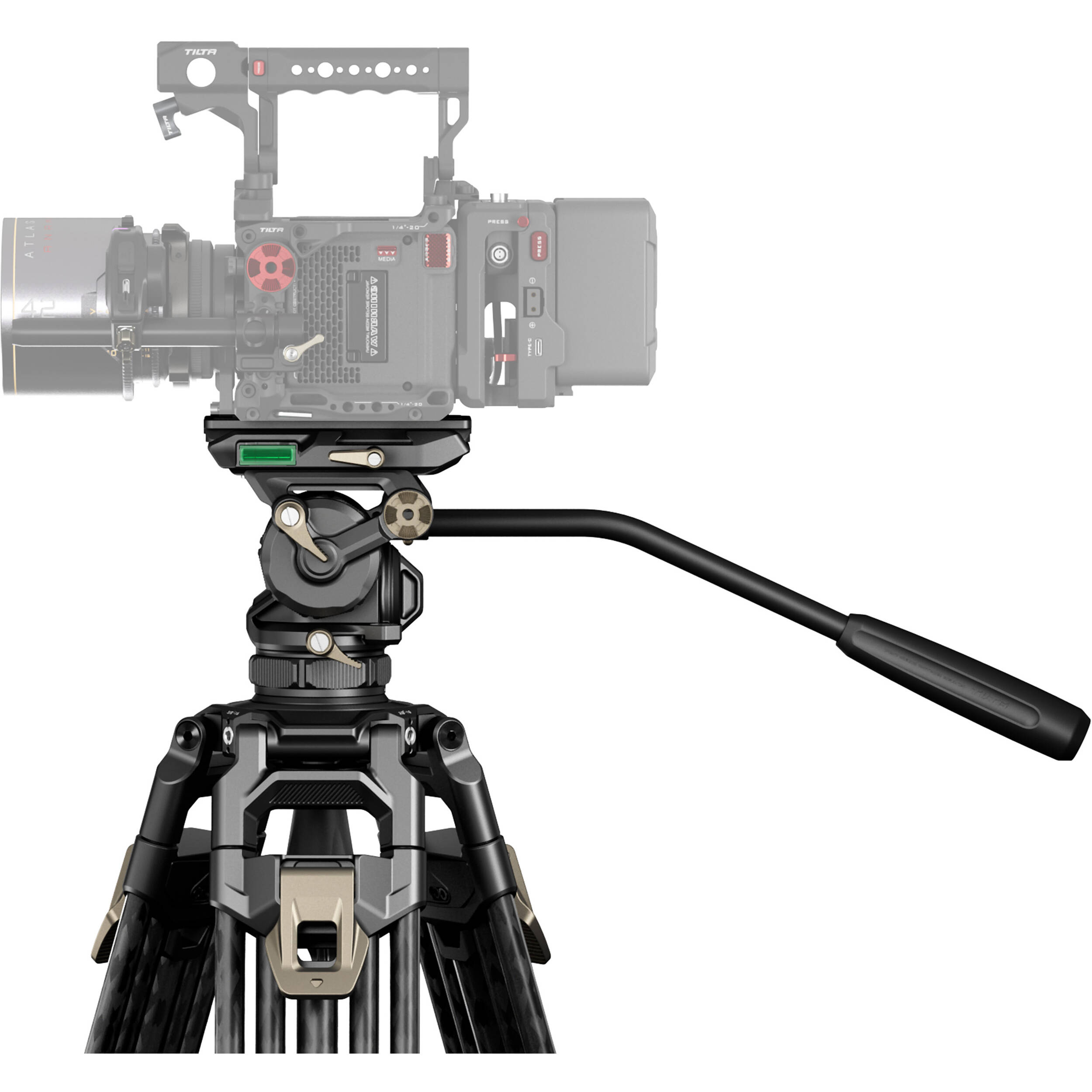 This tripod offers carbon fibre legs, 360° rotation, a cine fluid head for stability and aluminium alloy construction, ideal for professionals.