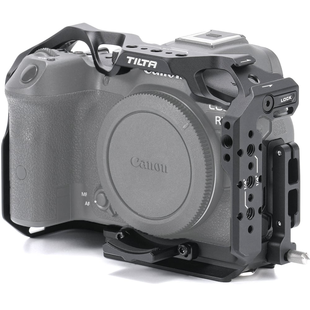 Elevate your Canon R7 mirrorless camera with a formfitting full cage for added versatility and protection during production.