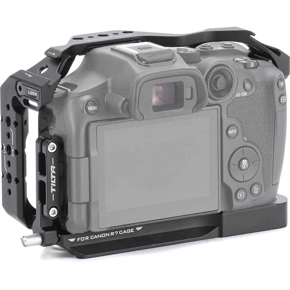 Elevate your Canon R7 mirrorless camera with a formfitting full cage for added versatility and protection during production.