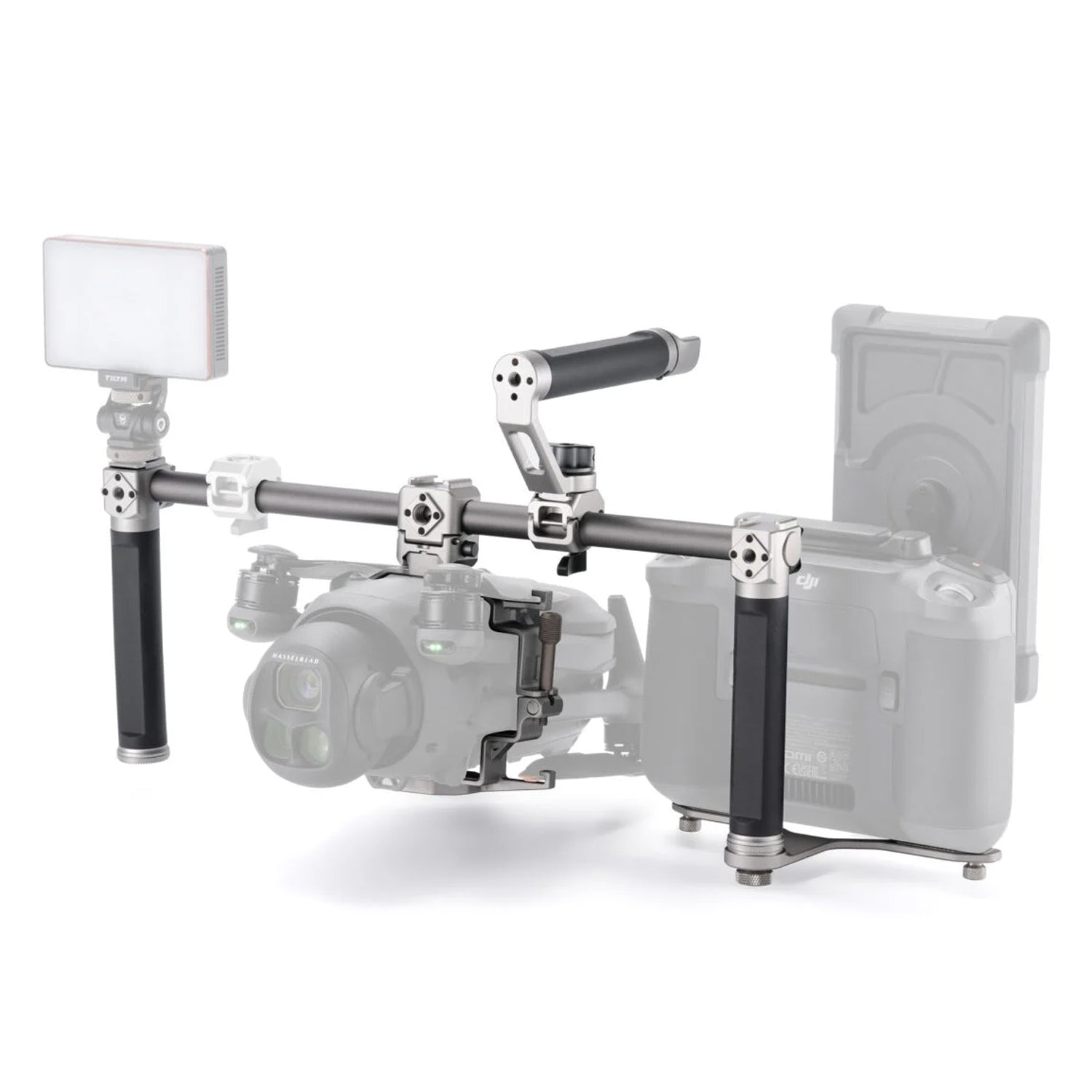 Modular camera cage with accessory mounts and audio integration for DJI Mavic 4 Pro.