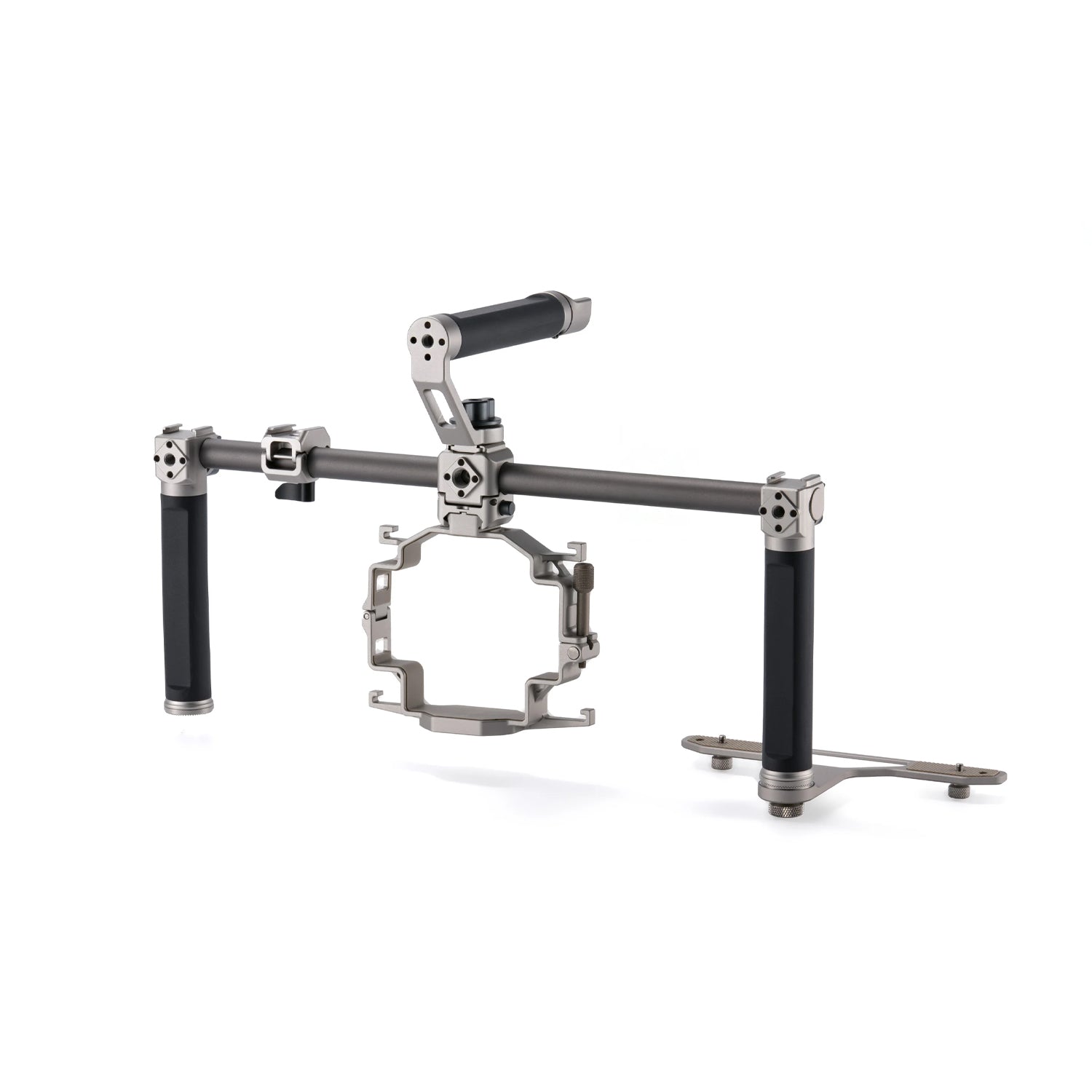 Modular camera cage with accessory mounts and audio integration for DJI Mavic 4 Pro.