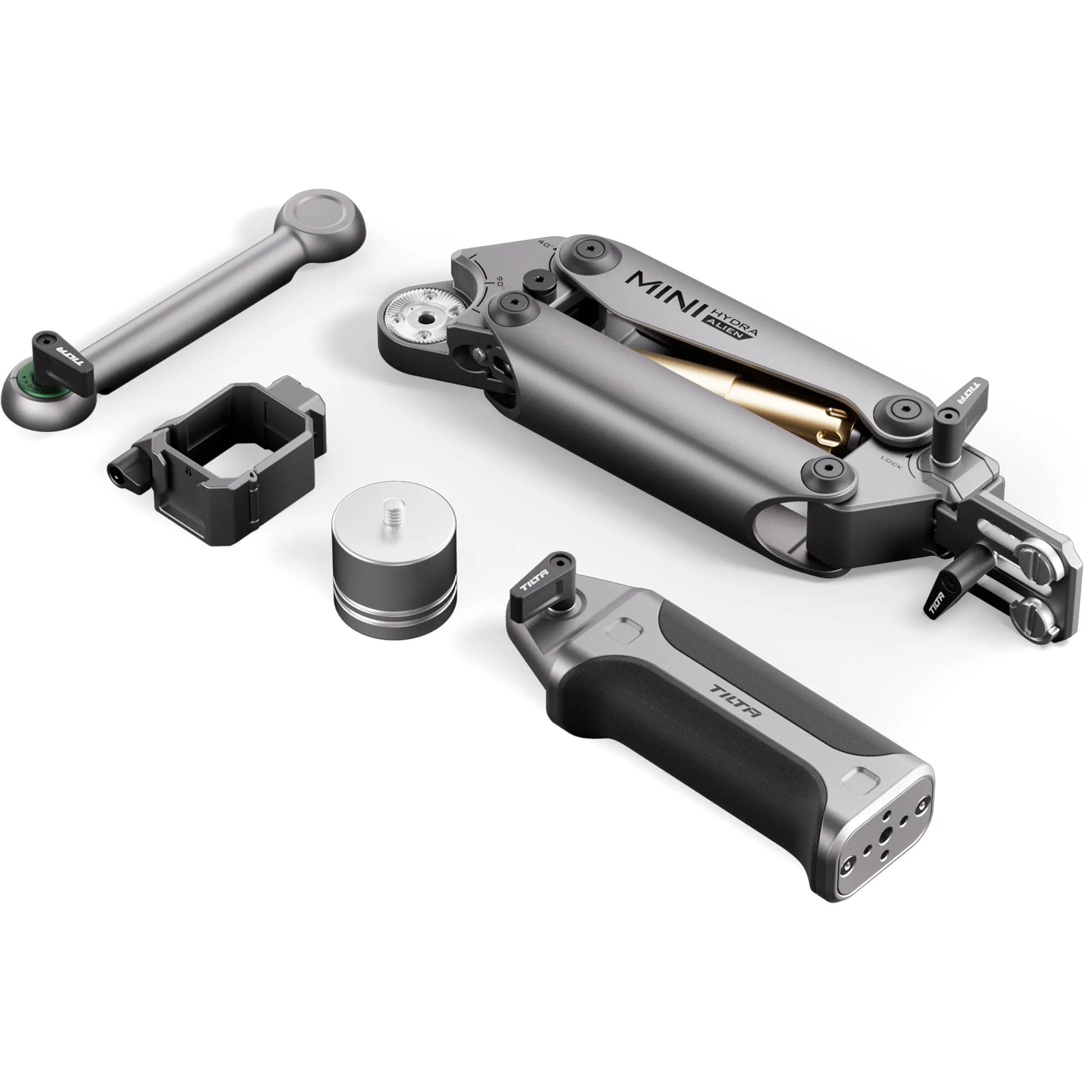 Tilta Hydra Alien Mini Handheld Kit (Titanium Grey) – compact stabilization system designed for dynamic handheld and car-mounted camera shots, offering professional control and support.