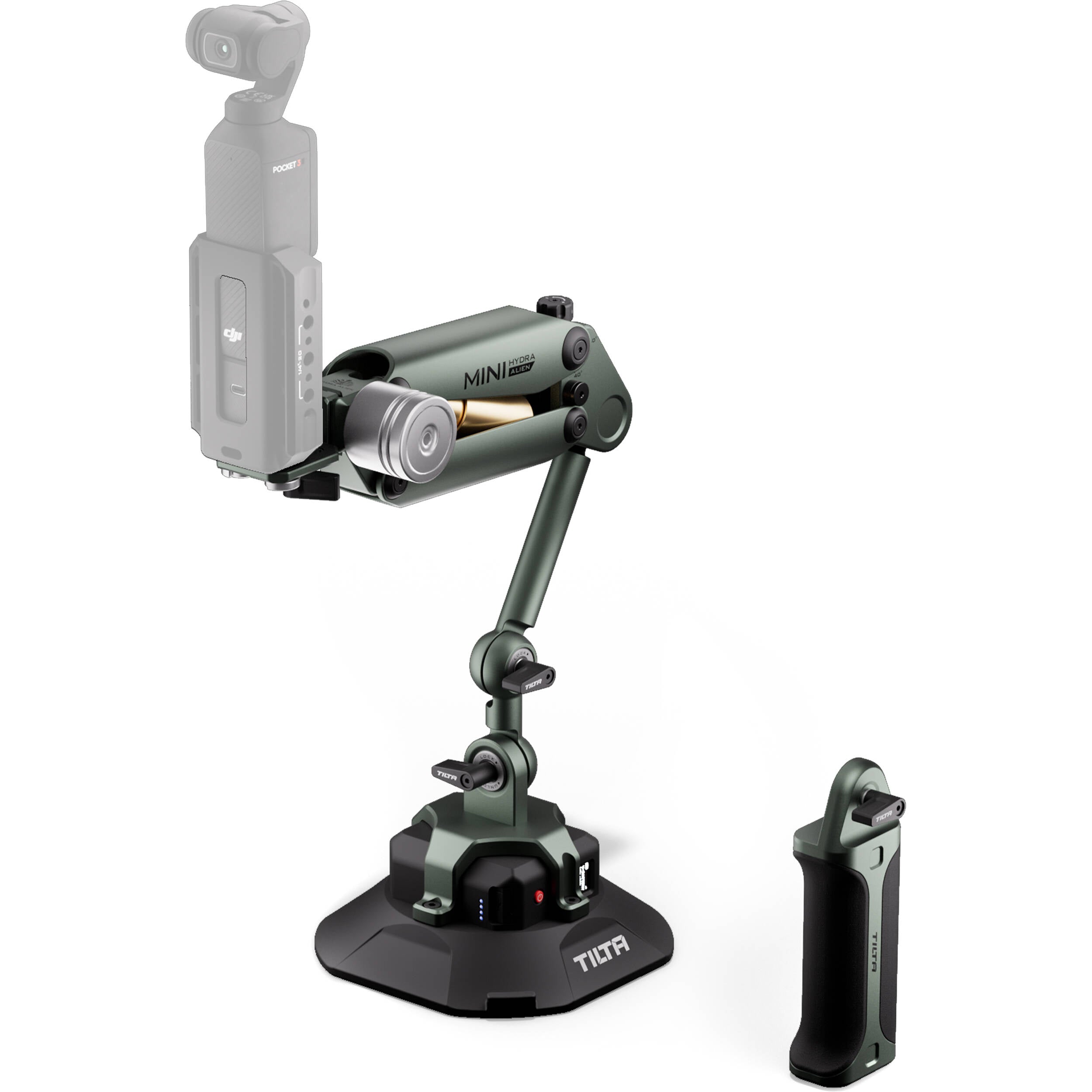 Tilta Hydra Alien Mini Ultimate Kit in Green — a modular camera cage system featuring adjustable handle, alloy frame, accessory mounting points, and 15 mm rod support for mirrorless cameras.