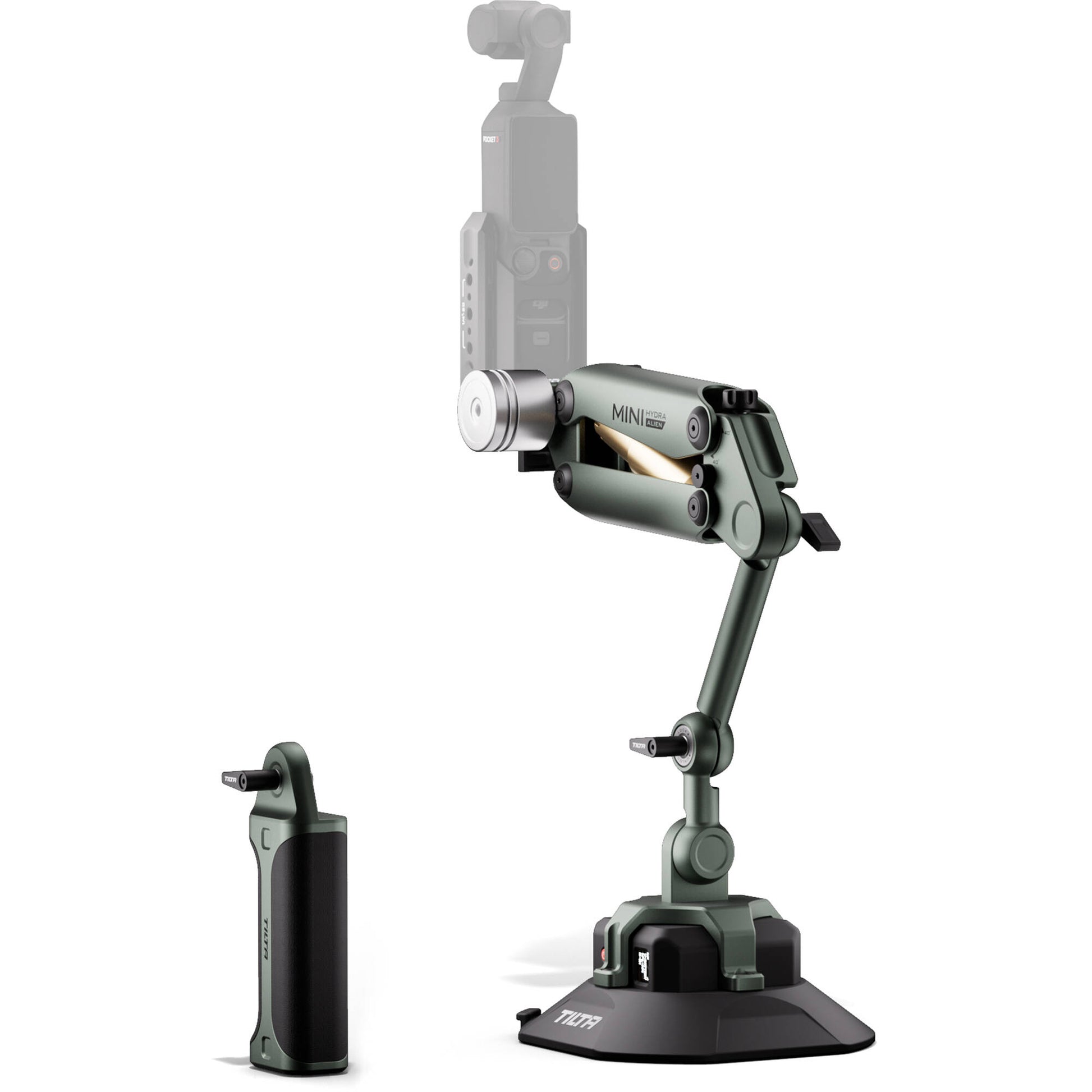 Tilta Hydra Alien Mini Ultimate Kit in Green — a modular camera cage system featuring adjustable handle, alloy frame, accessory mounting points, and 15 mm rod support for mirrorless cameras.