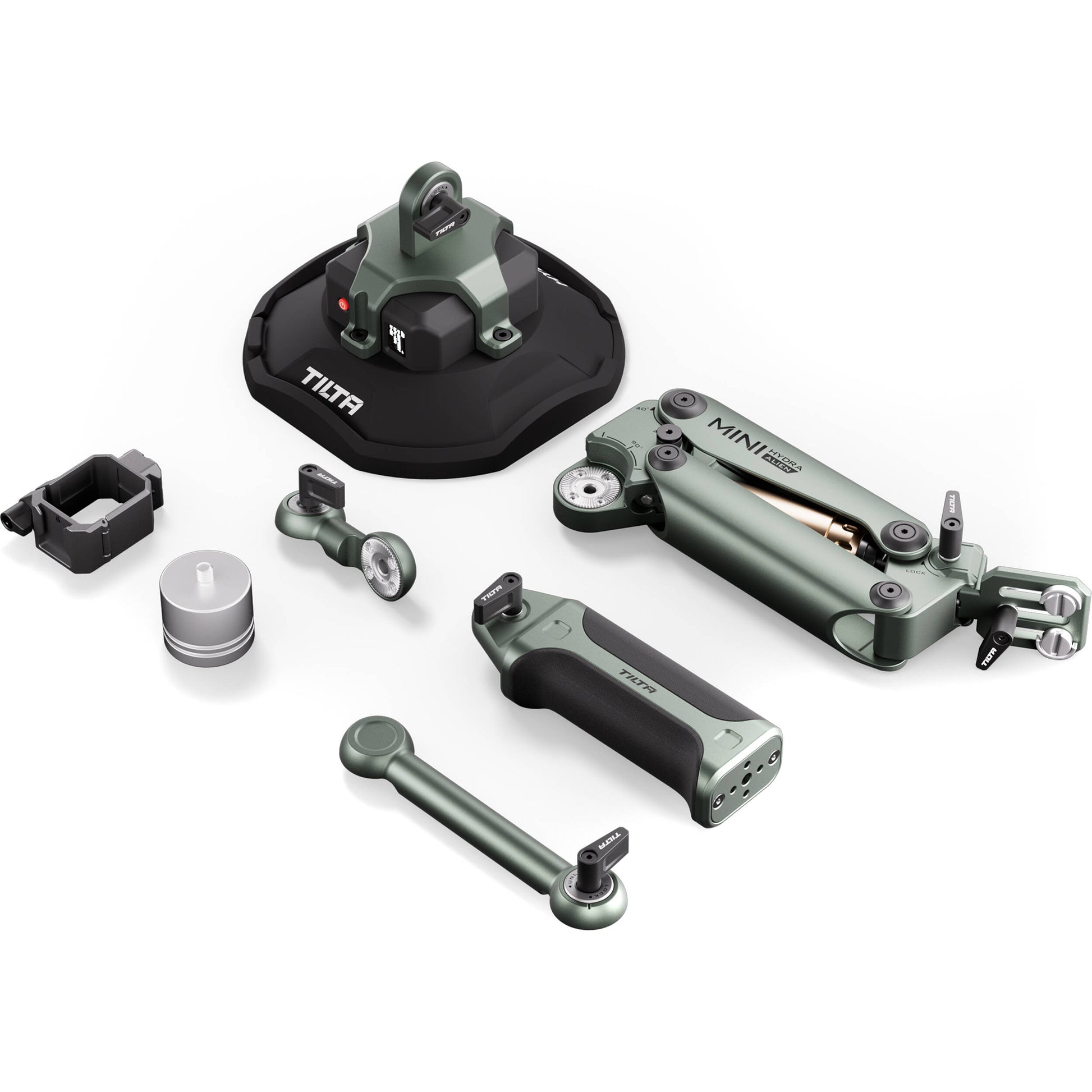 Tilta Hydra Alien Mini Ultimate Kit in Green — a modular camera cage system featuring adjustable handle, alloy frame, accessory mounting points, and 15 mm rod support for mirrorless cameras.