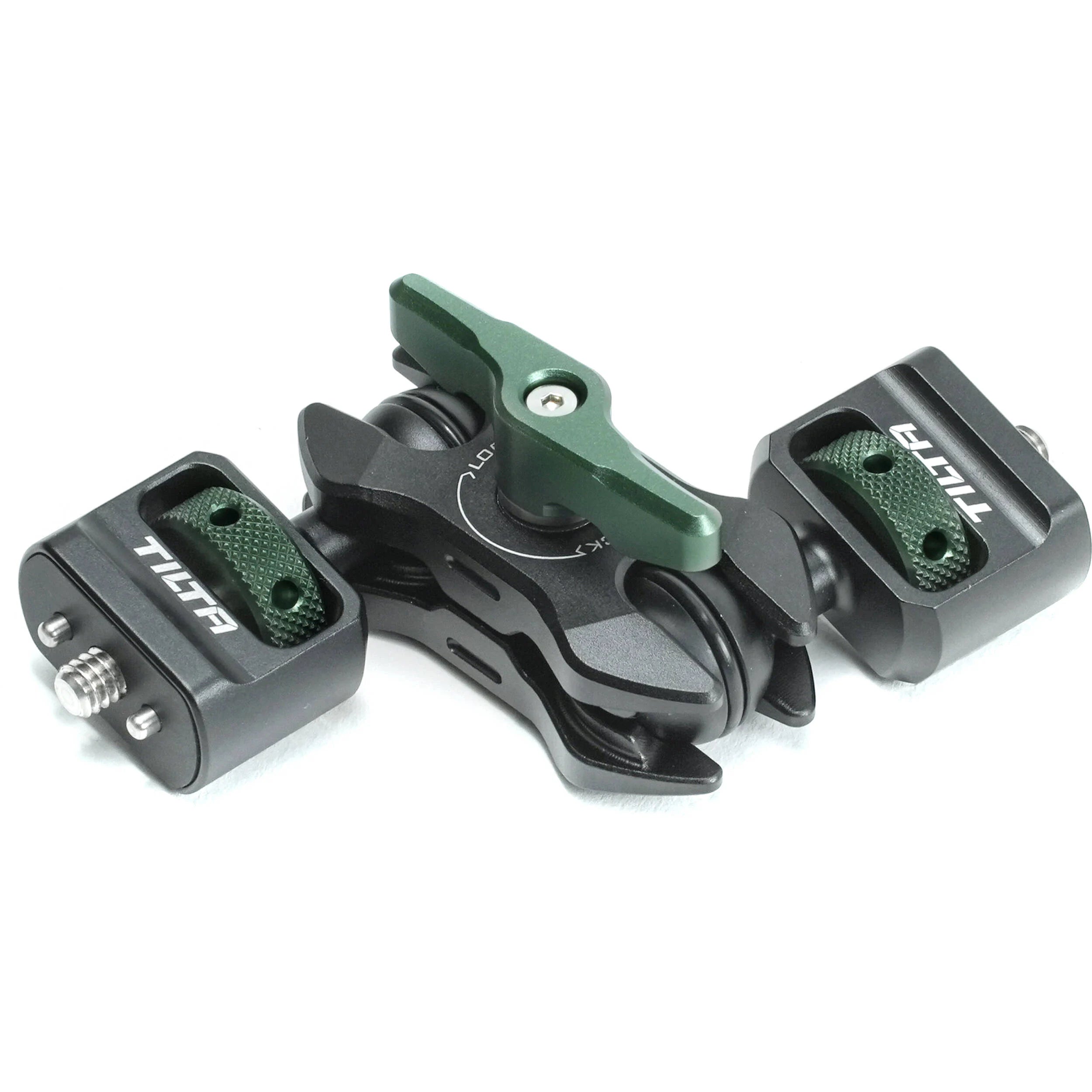 Tilta mini articulating arm in black with two ¼″-20 mounting ends and ball joints.