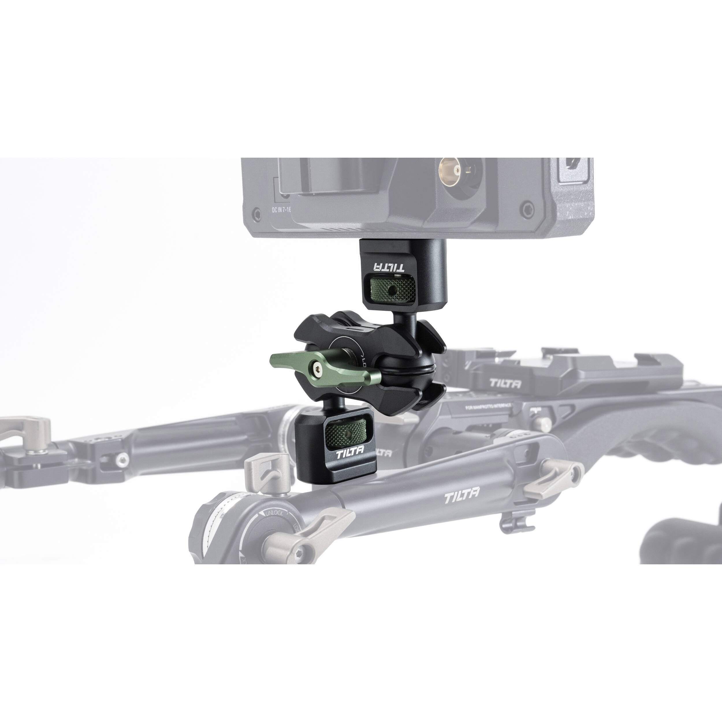 Tilta mini articulating arm in black with two ¼″-20 mounting ends and ball joints.