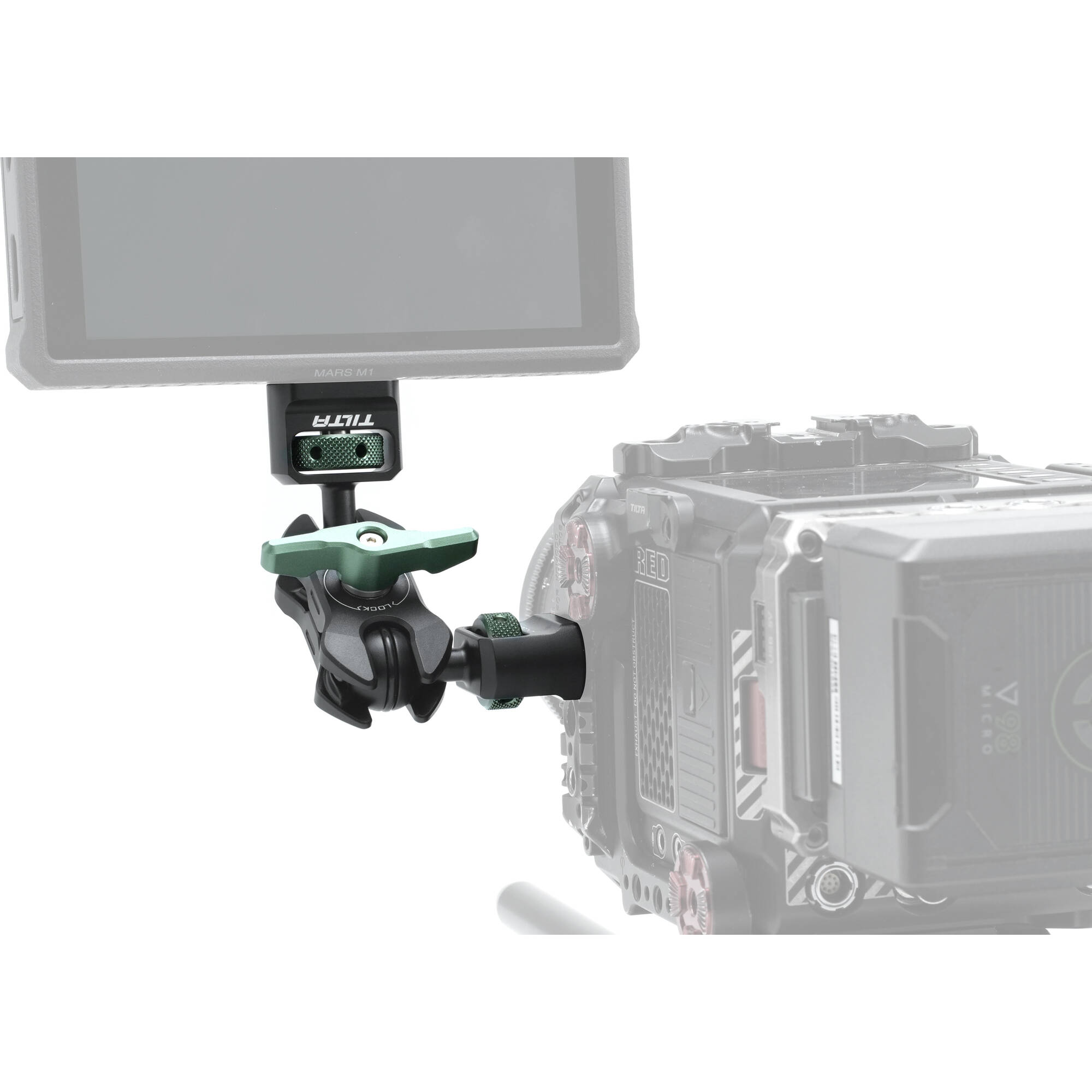 Tilta mini articulating arm in black with two ¼″-20 mounting ends and ball joints.