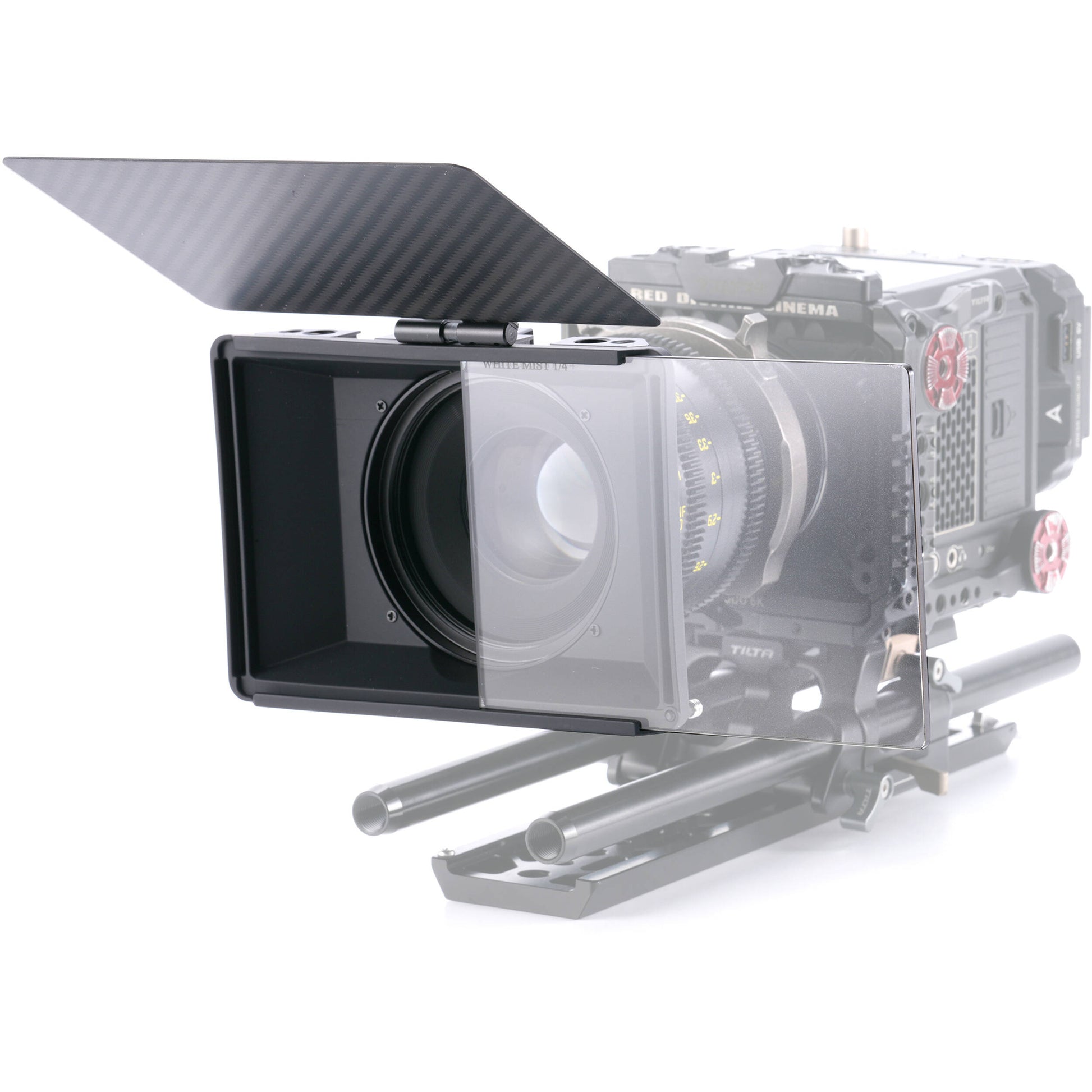 Camera with a matte box and lens on a white background