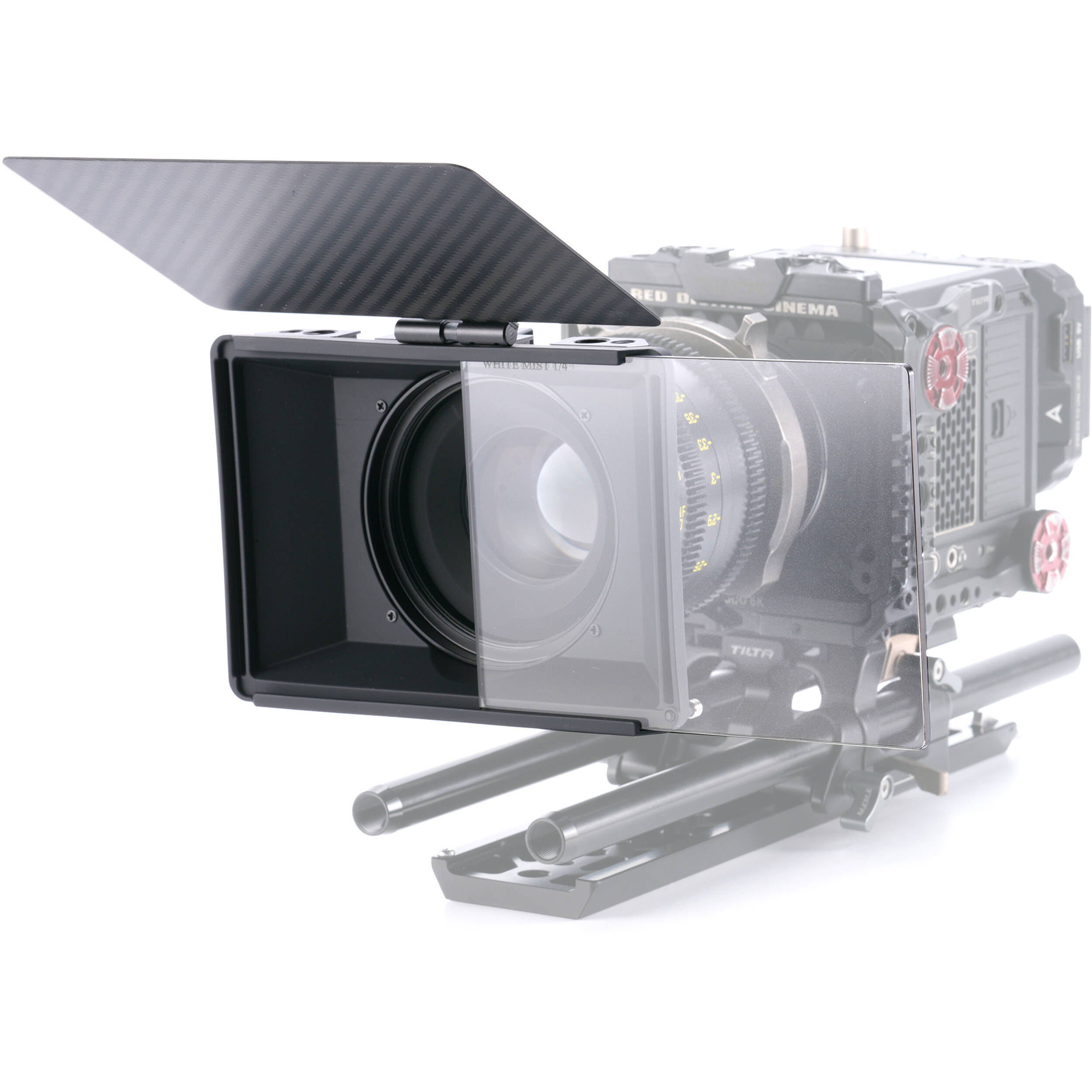 Camera with a matte box and lens on a white background