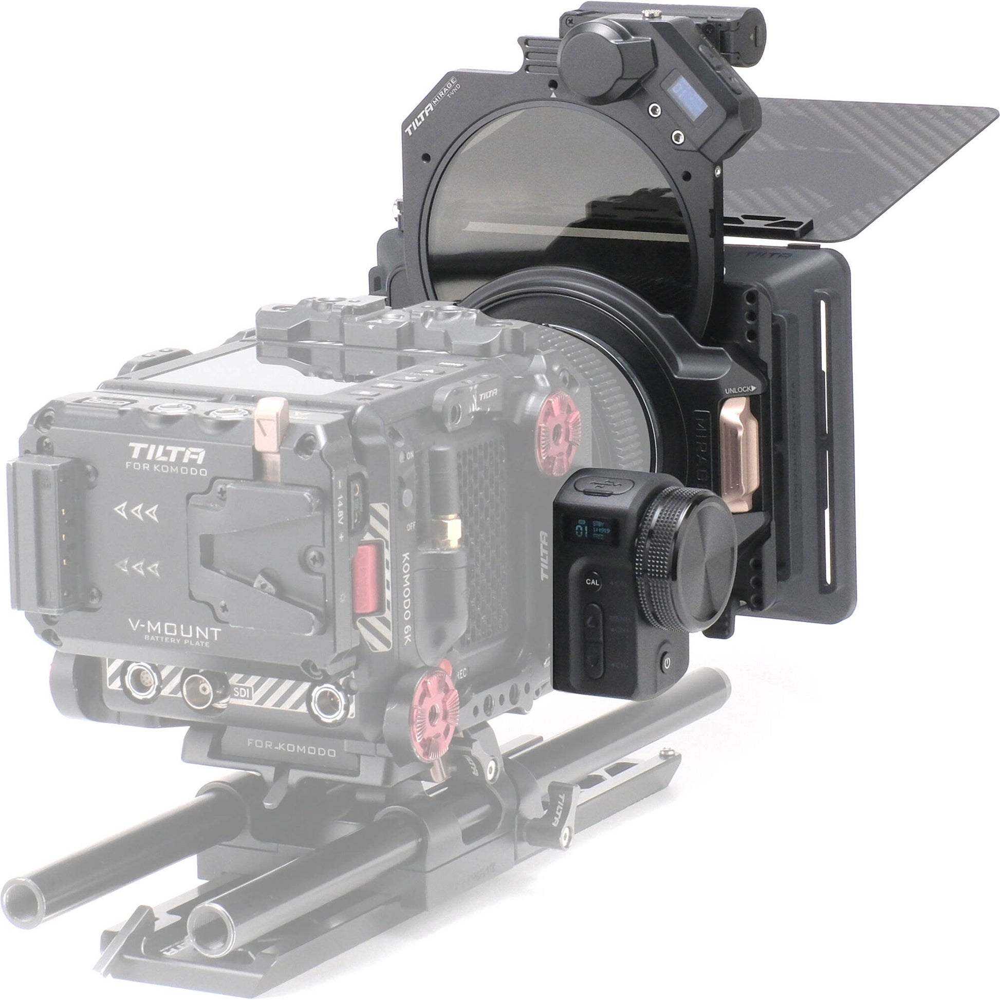 Tilta Mirage Motorised VND Kit with Matte Box, providing motorised variable ND control and adjustable flags for video production.