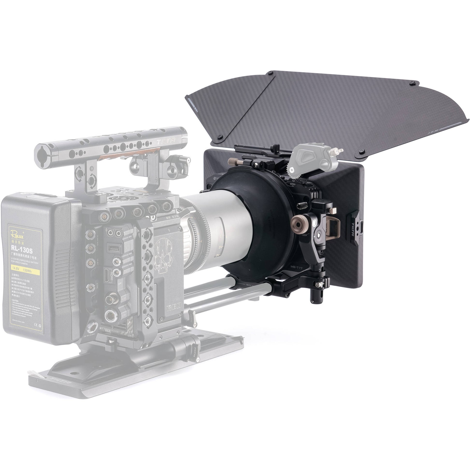 Tilta Mirage Pro Matte Box with quick release hood attached to cinema lens.