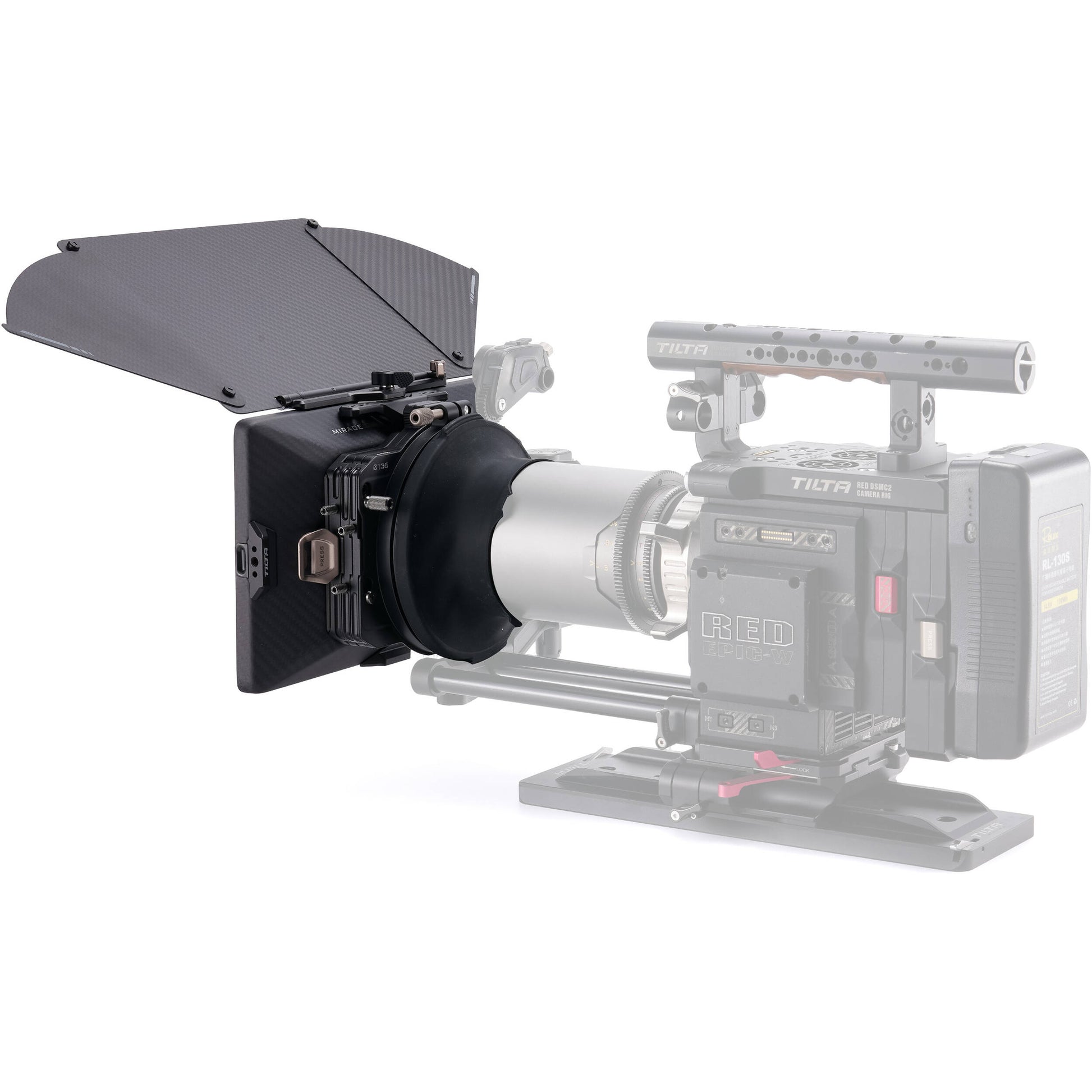 Tilta Mirage Pro Matte Box with quick release hood attached to cinema lens.