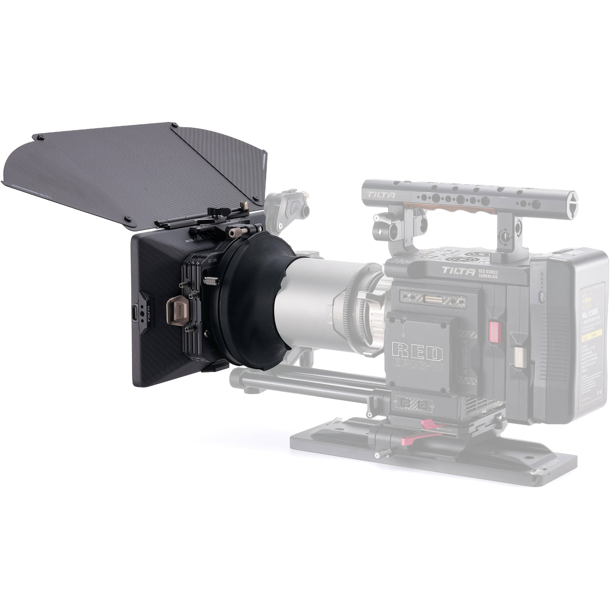 Tilta Mirage Pro Matte Box with quick release hood attached to cinema lens.