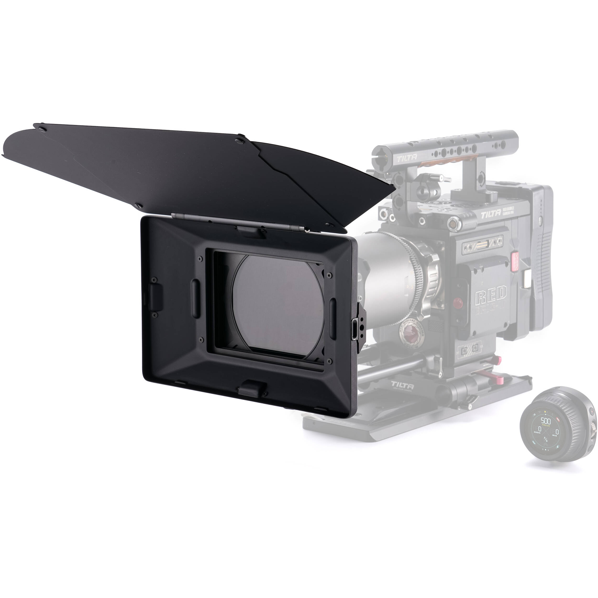 Tilta Mirage Pro Matte Box with quick release hood attached to cinema lens.