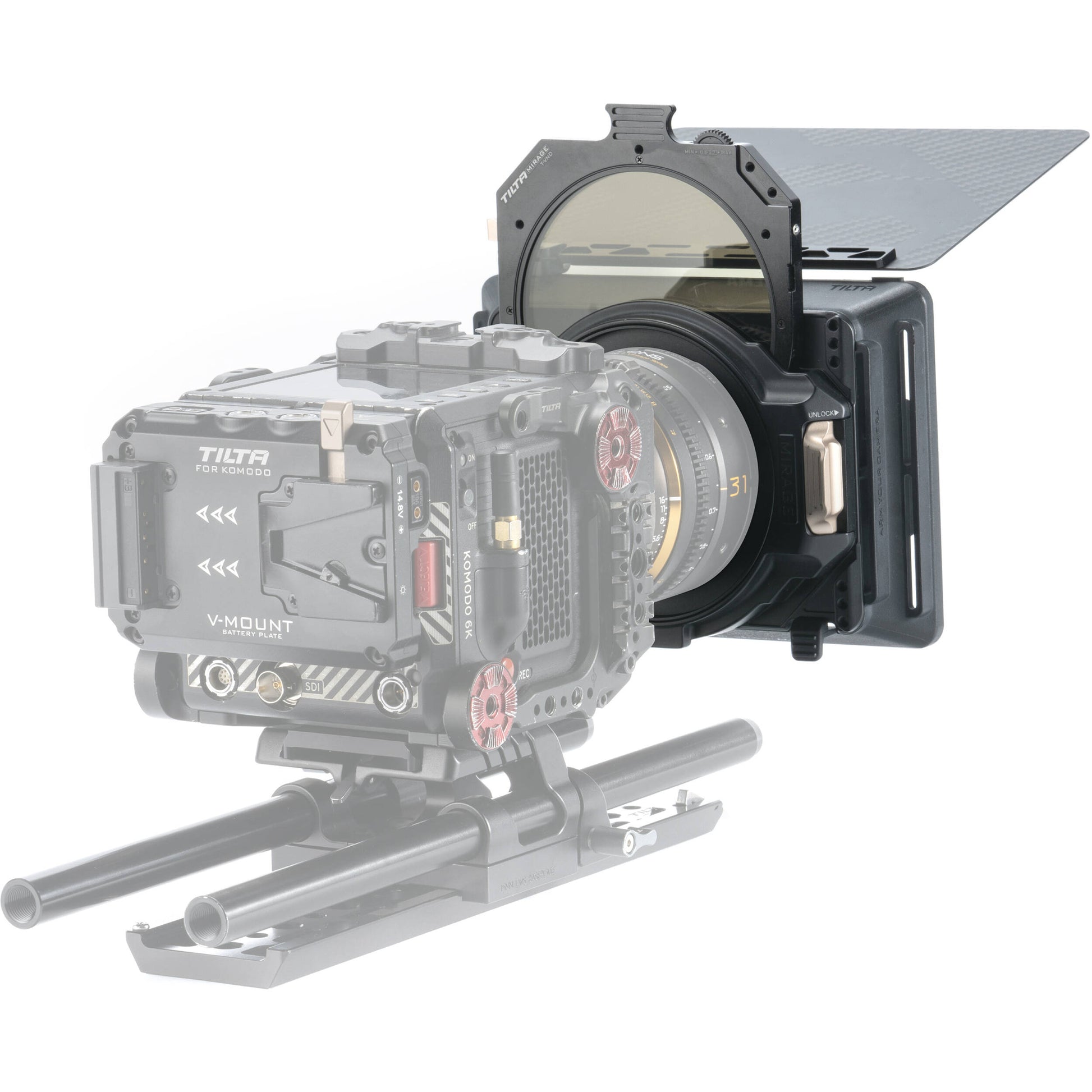Tilta Mirage VND Kit with Matte Box, including variable ND filters and adjustable flags for professional video production.