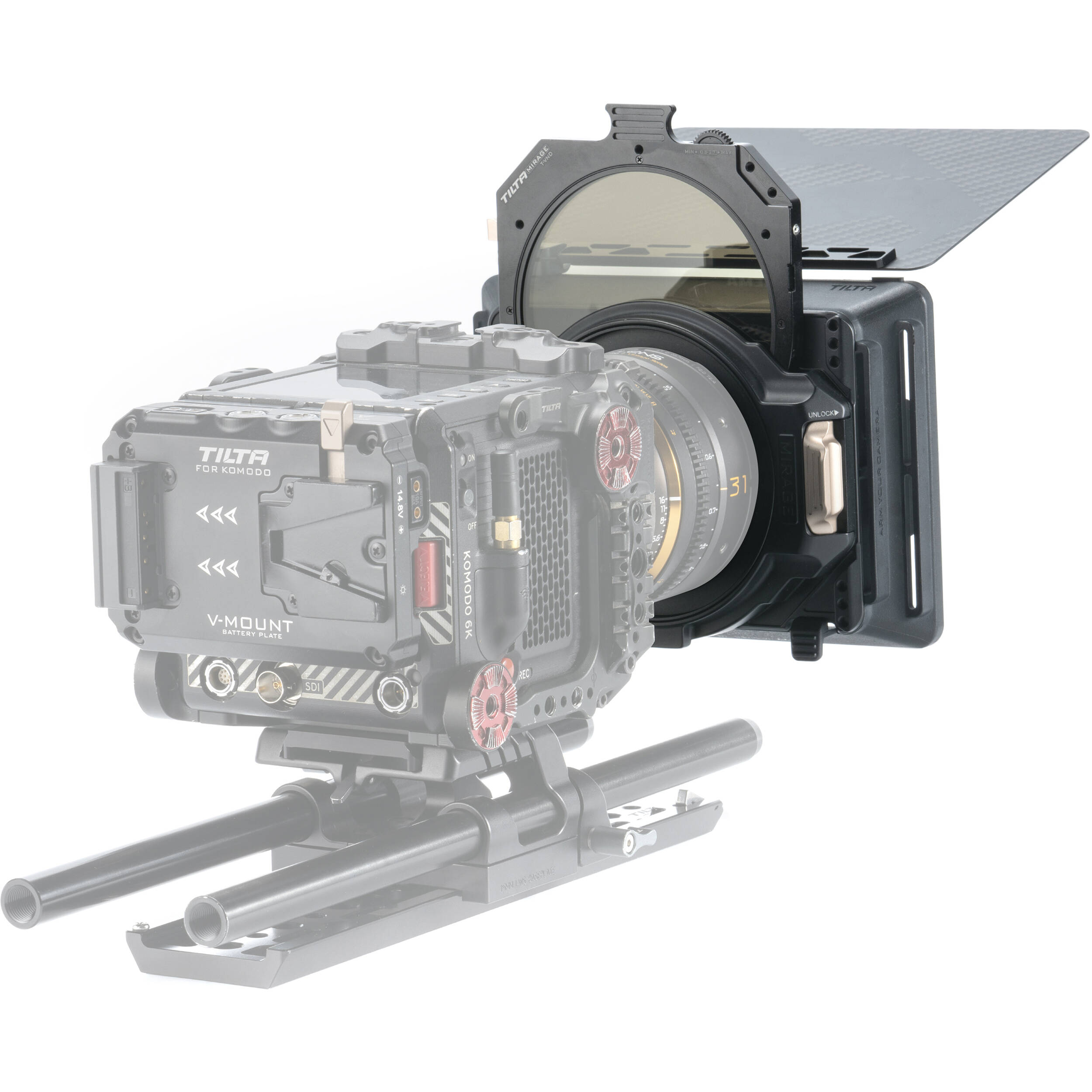 Tilta Mirage VND Kit with Matte Box, including variable ND filters and adjustable flags for professional video production.