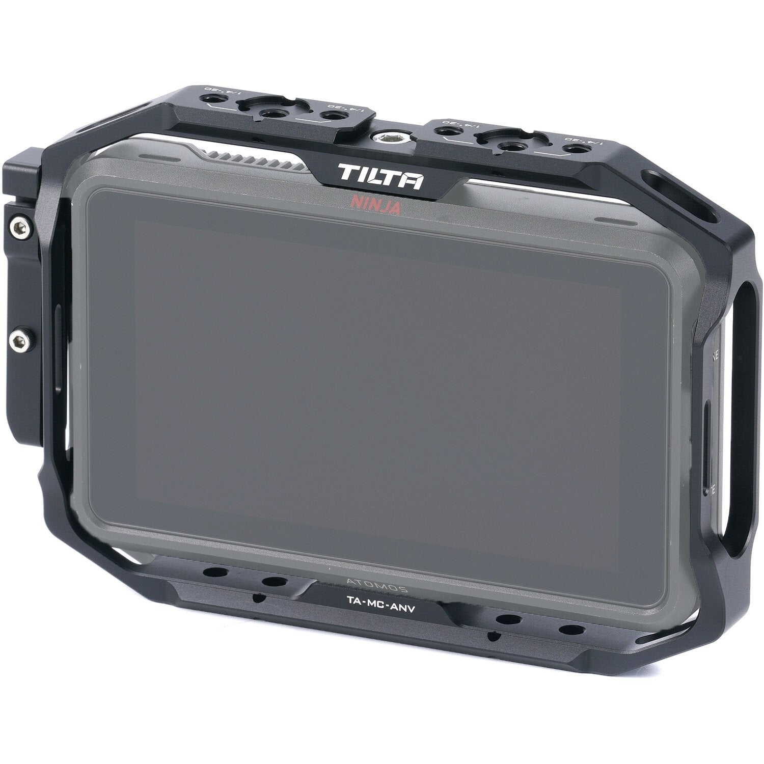 This monitor cage for the Atomos Ninja V provides durable protection and versatile rigging options with multiple 1/4"-20 threads and NATO rails.