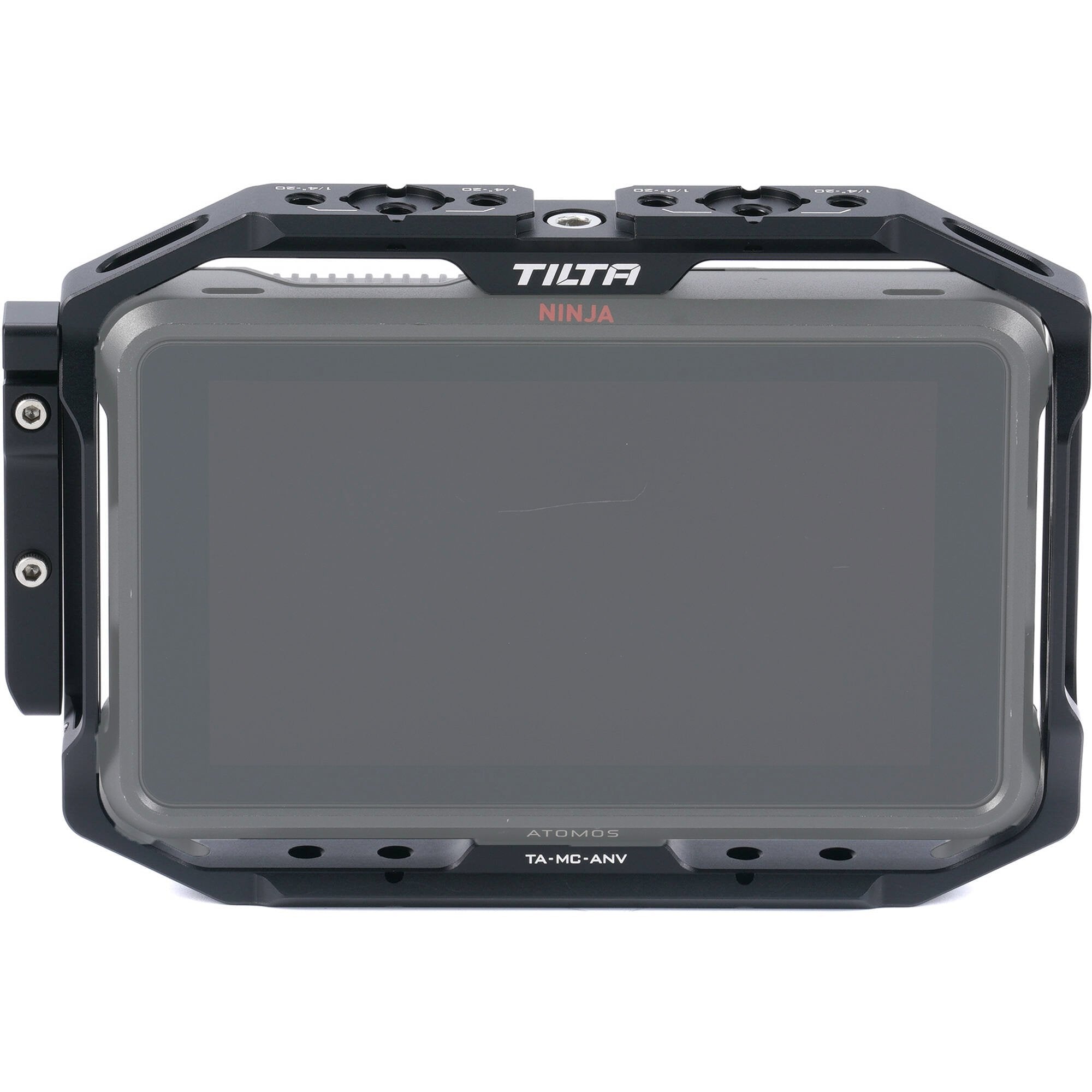 This monitor cage for the Atomos Ninja V provides durable protection and versatile rigging options with multiple 1/4"-20 threads and NATO rails.