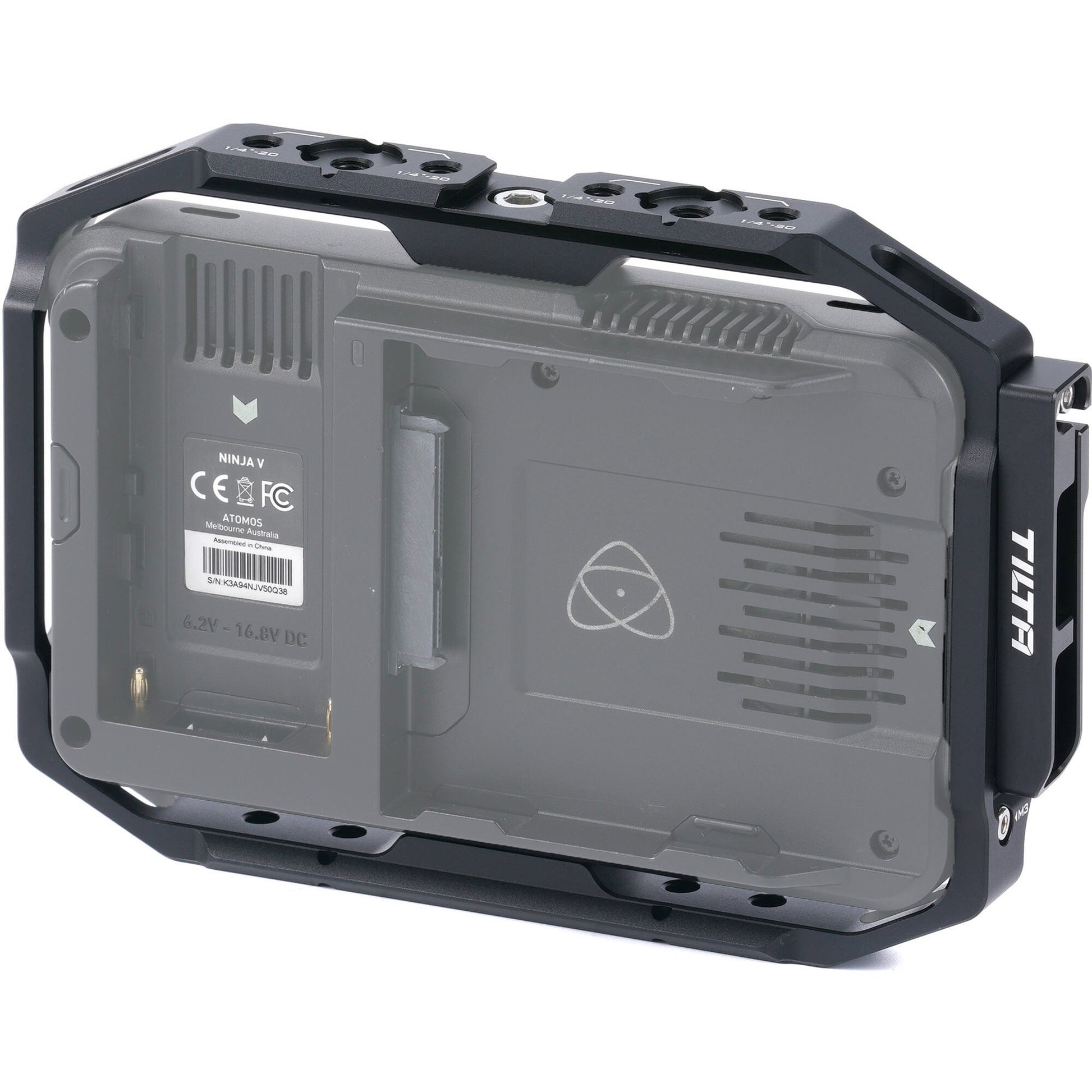 This monitor cage for the Atomos Ninja V provides durable protection and versatile rigging options with multiple 1/4"-20 threads and NATO rails.