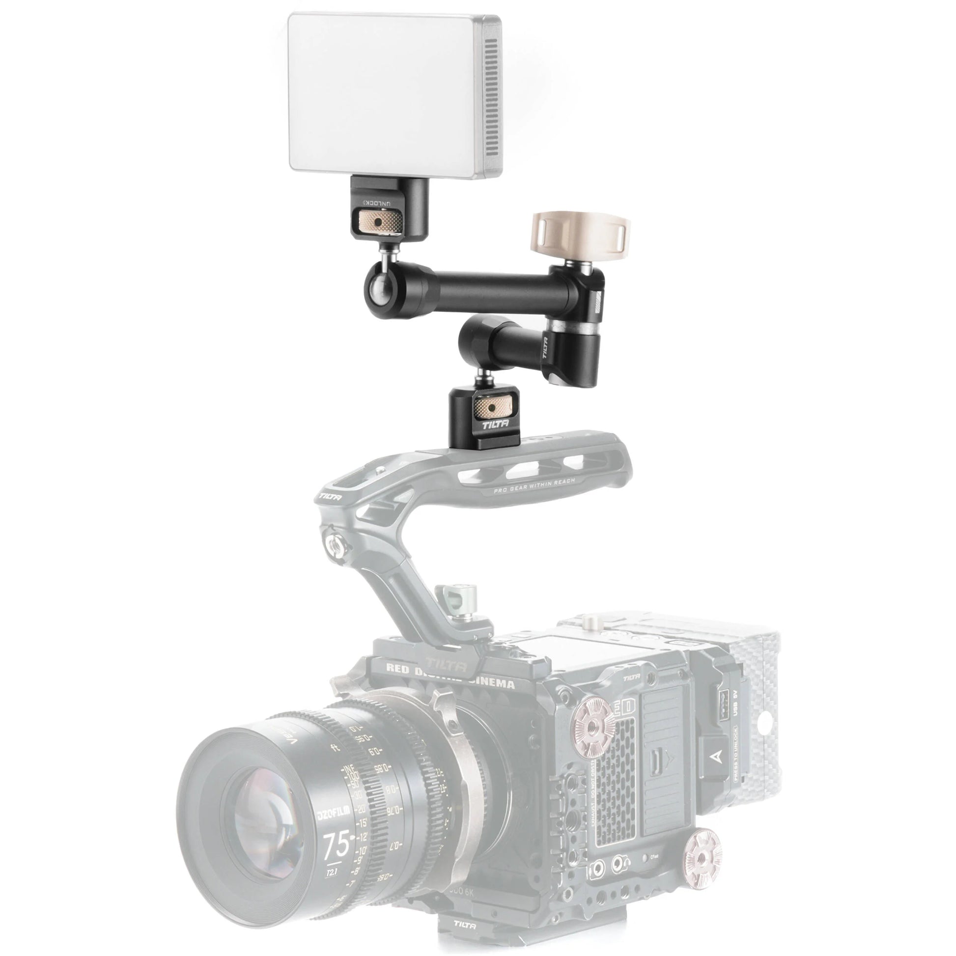 Tilta Pro articulating arm in black with dual ball heads and 1/4″-20 mounts.
