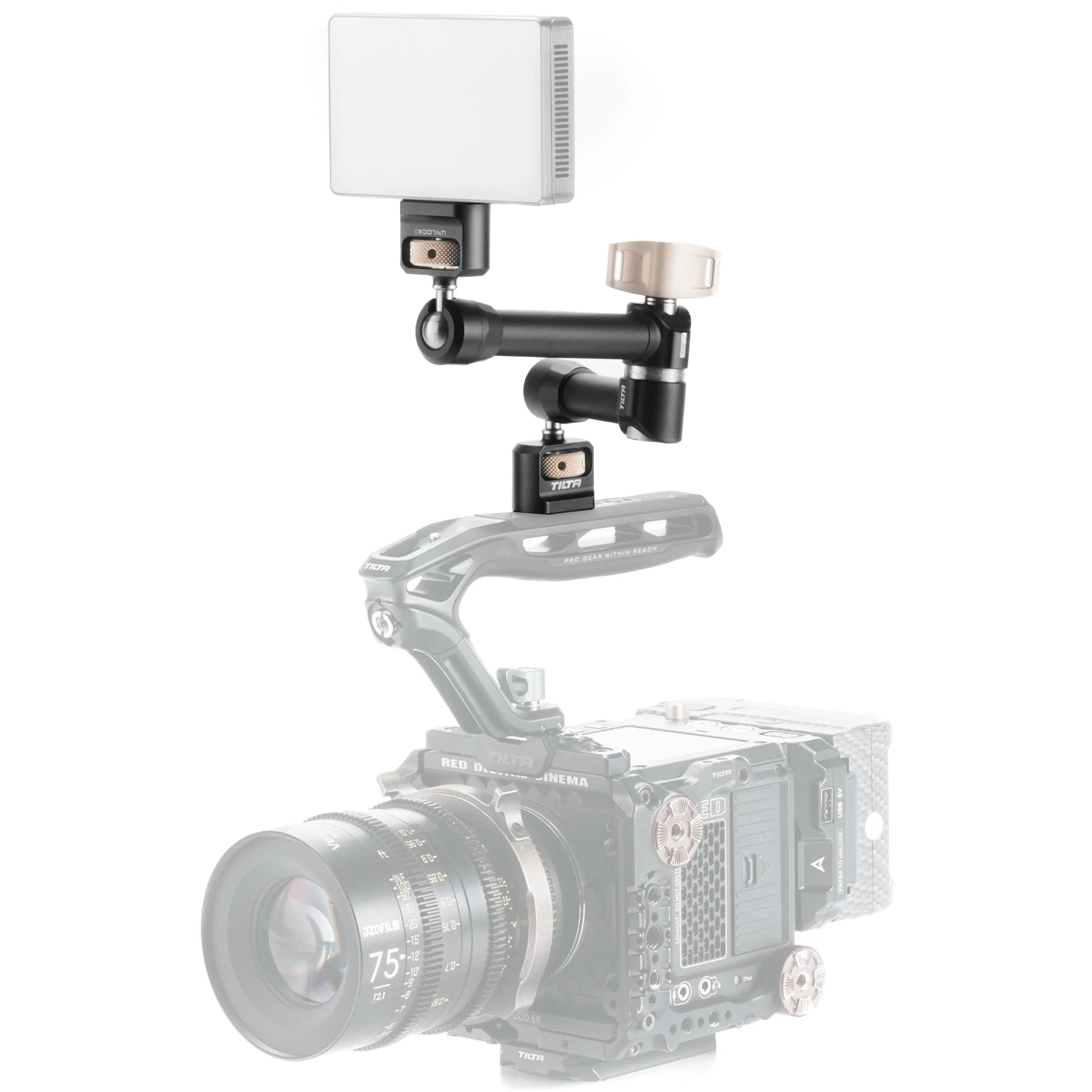Tilta Pro articulating arm in black with dual ball heads and 1/4″-20 mounts.