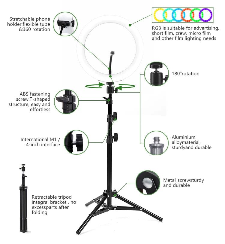 Timei 13″ RGB LED Soft Ring Light with tripod stand and phone holder.