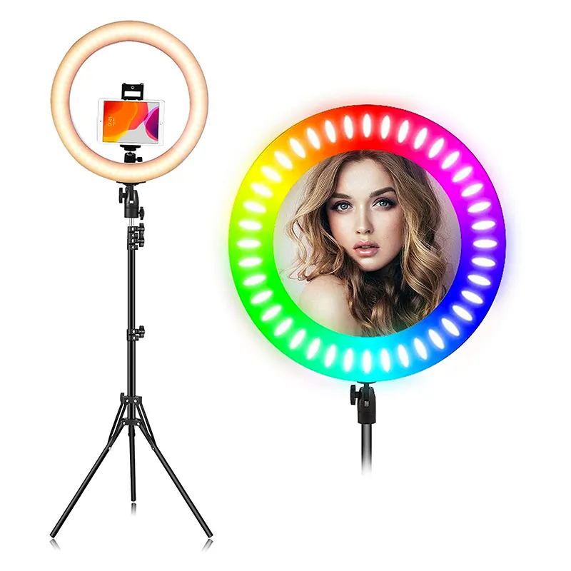 Timei 14″ RGB LED Soft Ring Light with tripod, remote control, phone holders, and carry bag.