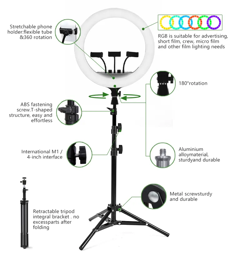 Timei 14″ RGB LED Soft Ring Light with tripod, remote control, phone holders, and carry bag.