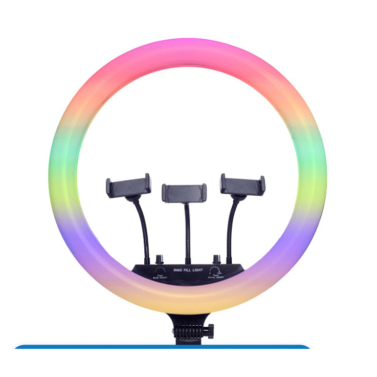 Timei 18″ RGB LED Soft Ring Light with tripod, remote control, phone holders, and carry bag.