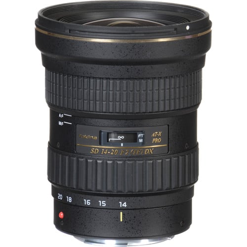Tokina AT-X 14–20mm f/2 Pro DX ultra-wide zoom lens for Canon EF, ideal for landscapes, architecture, and interiors.