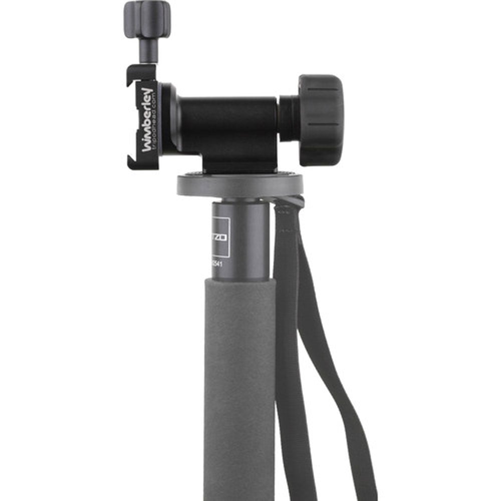 Wimberley MH‑100 mono‑gimbal head in black with swiveling base and support arm for long telephoto lenses.