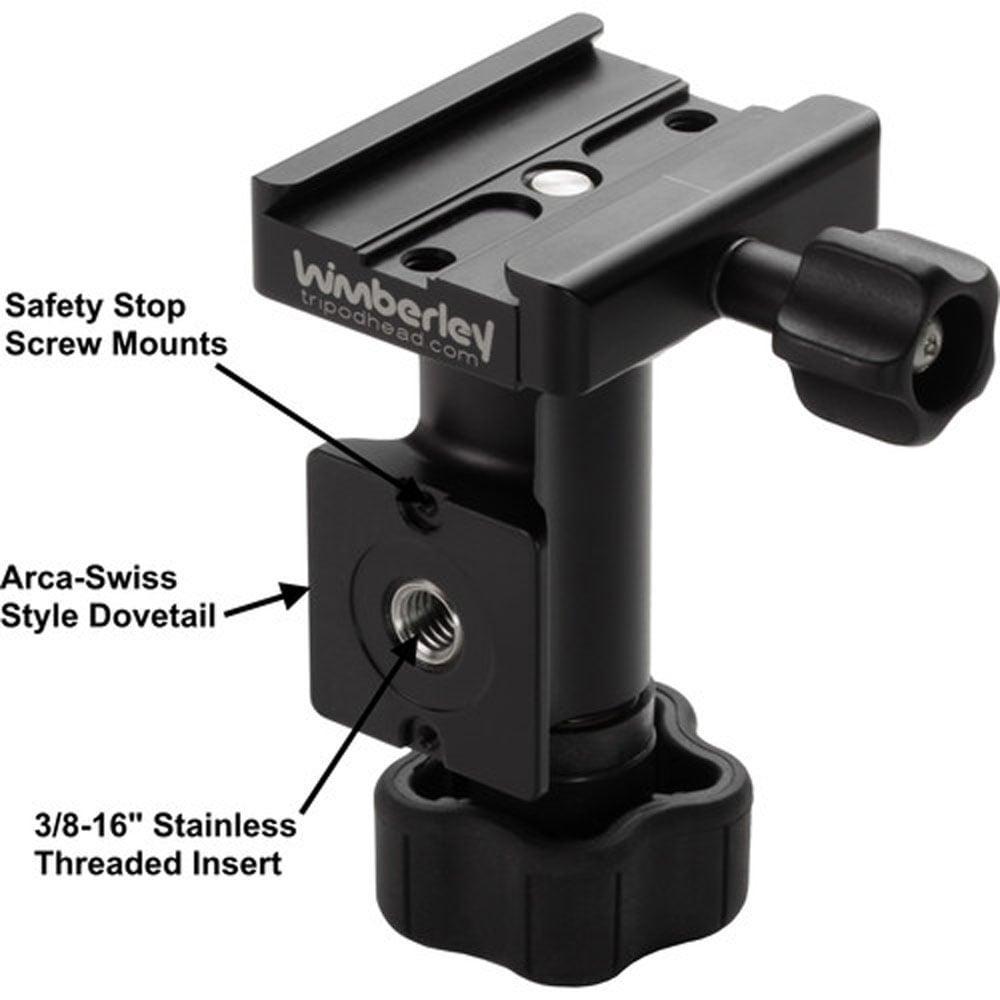 Wimberley MH‑100 mono‑gimbal head in black with swiveling base and support arm for long telephoto lenses.