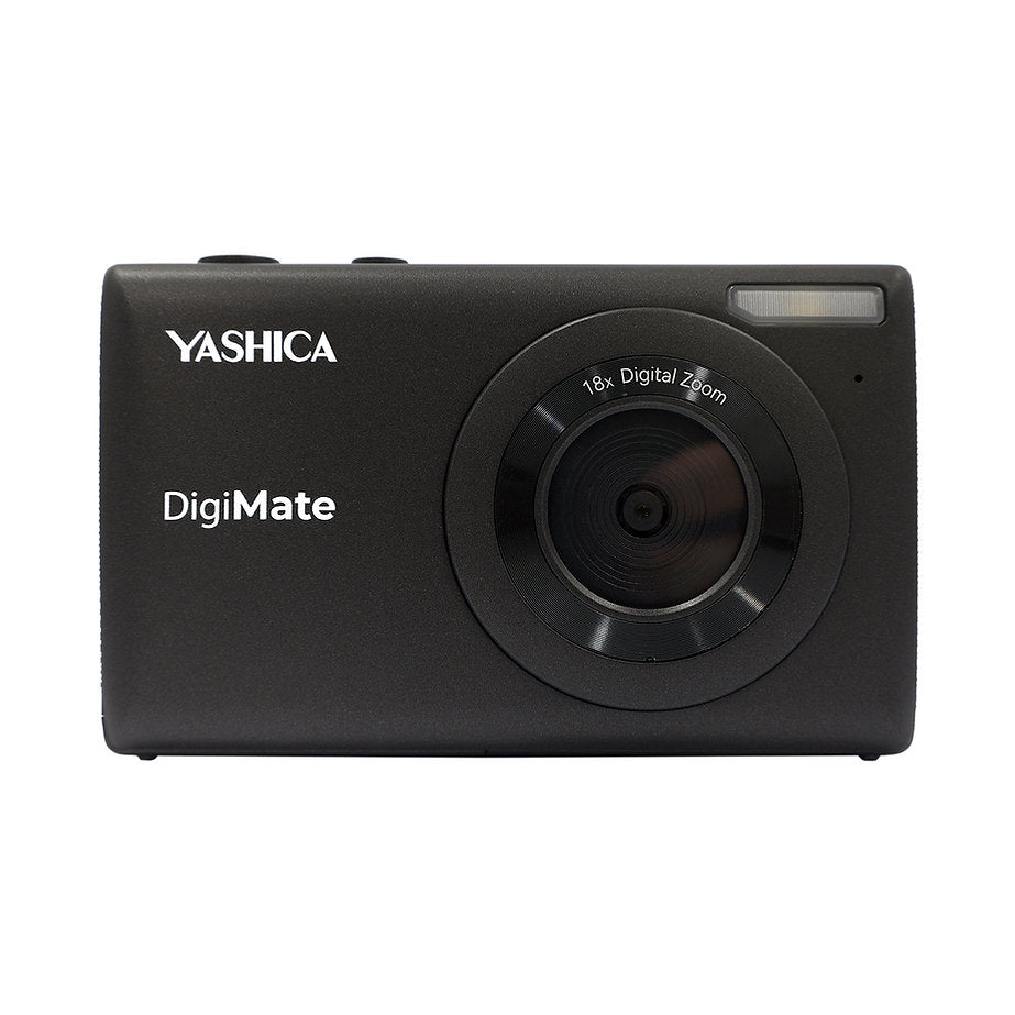 Yashica DigiMate compact camera with CMOS sensor, 4K video, 18x zoom, and 2.7" LCD on white background.